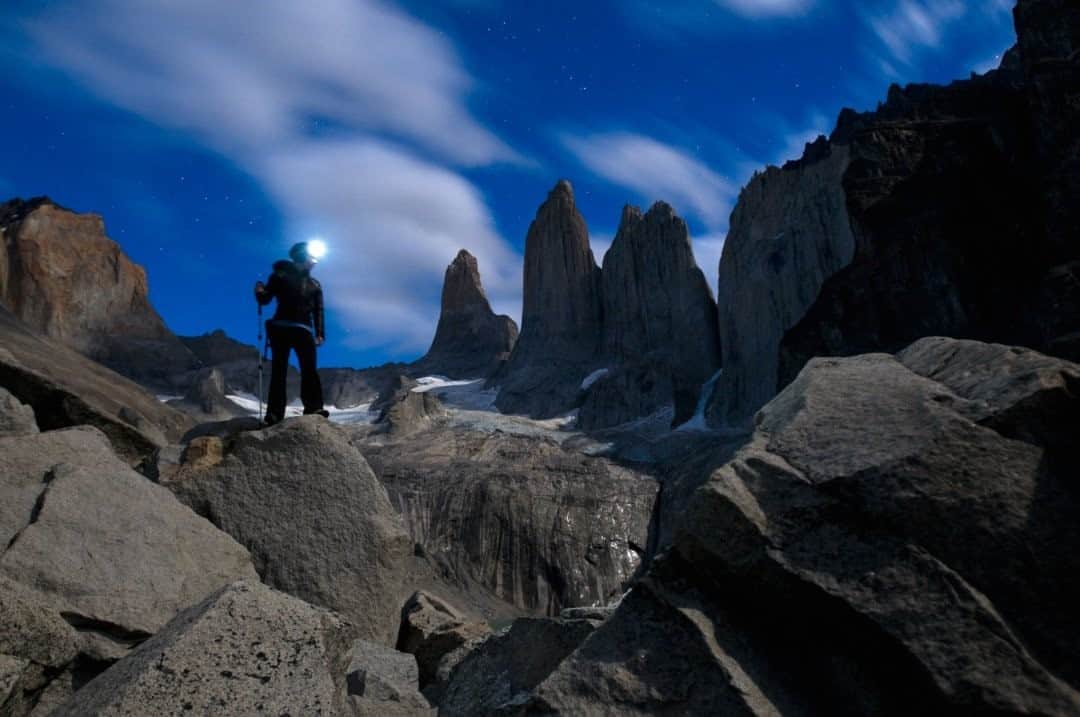 National Geographic Travelさんのインスタグラム写真 - (National Geographic TravelInstagram)「Photo by @michaelclarkphoto  Lydia McDonald treks below the spires of Torres del Paine National Park in southern Chile. Getting to this spot before sunrise required a steep hike starting at 4 a.m. We were lucky to have clear skies. #torresdelpaine #chile」9月2日 9時04分 - natgeotravel