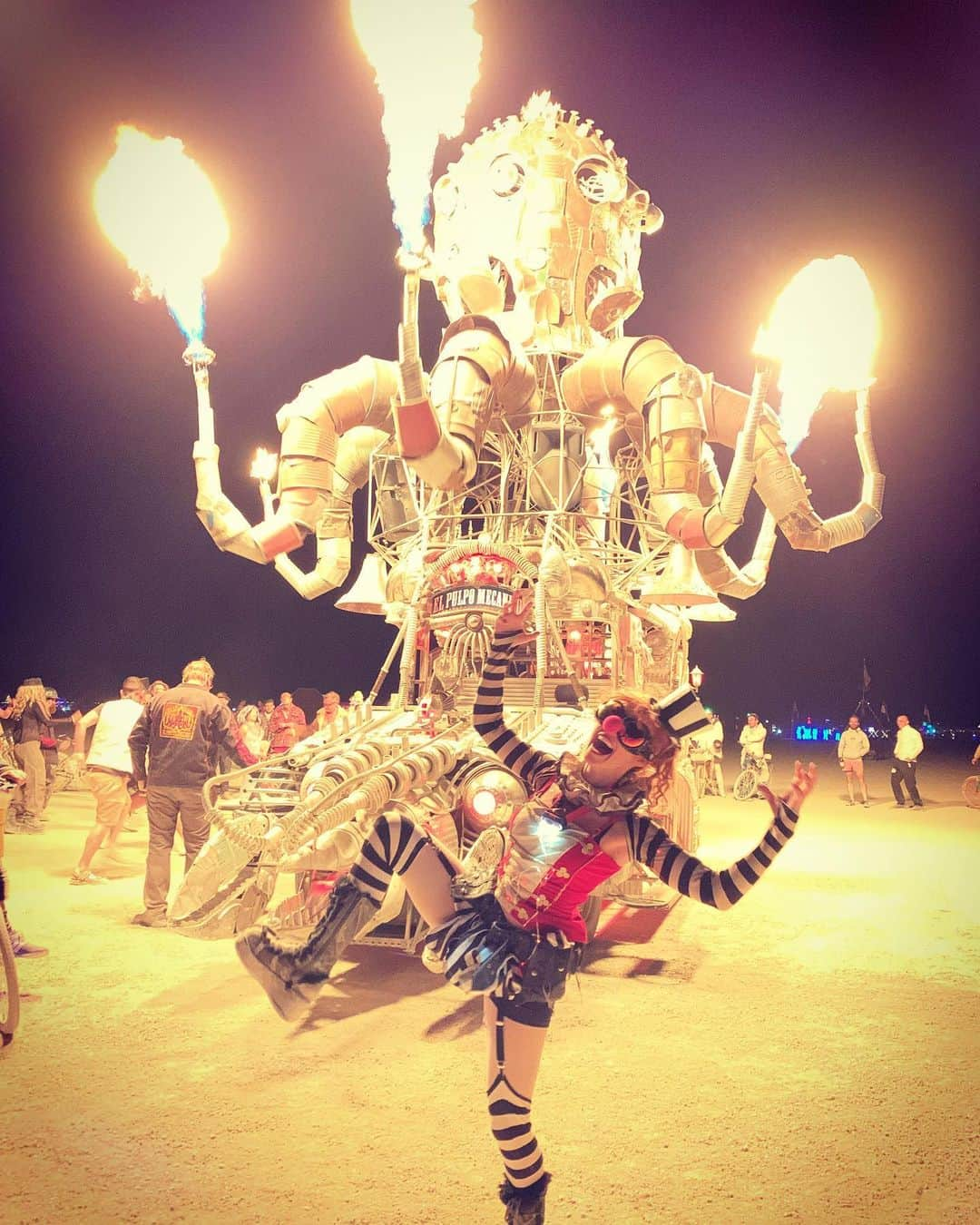 ボニー・モーガンのインスタグラム：「Celebrating Tu Tu Tuesday with my old flame El Pulpo Mecanico! Monumental gratitude to @duaneflatmo and Jerry Kunkel for the creation of my biggest playa crush @burningman #adventuresofbendybonnie #elpulpomecanico #duaneflatmo #jerrykunkel #burningman #tututuesday #mutantvehicle #shenanigans #playaclown #stripes #industwetrust #artonfire #wheresmyportalgun #epicawesomeness #bendybonnie」