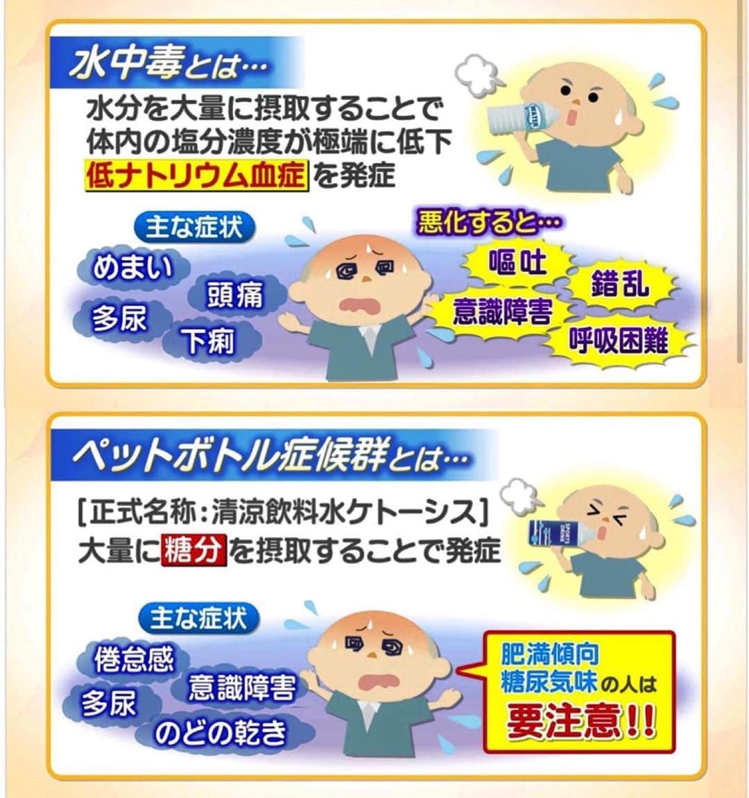 のインスタグラム：「水曜日の #アップ 。 気になる話題を深掘りするスタジオ展開コーナーの日です。 . 今日は「9月も危ない熱中症」というテーマのもと、 専門医を招いてお伝えしました。 . 気温がいくらか下がってきても、雨などで湿度が高いと、 #熱中症 の危険性は高いまま💦 引き続き、注意が必要です！ . そして熱中症対策として水分補給が大切ですが、 その"摂り方"にも注意が必要なのです⚠️ . . それが #水中毒 や #ペットボトル症候群 。 ご存知でしたでしょうか？？ . 塩分が不足したり、糖分が過多になったりして起こる症状。 やはり大切なのは、水分・糖分・塩分のバランスとのこと。 . 麦茶などノンカフェインのお茶と煎餅🍘 お粥と梅干しと味噌汁 などの組み合わせもオススメだそうです。 . みなさん、お身体を大切に。 引き続き注意していきましょう！ . . #名古屋市立大学病院 救急科 #服部友紀 教授 #メーテレ  #上坂嵩」