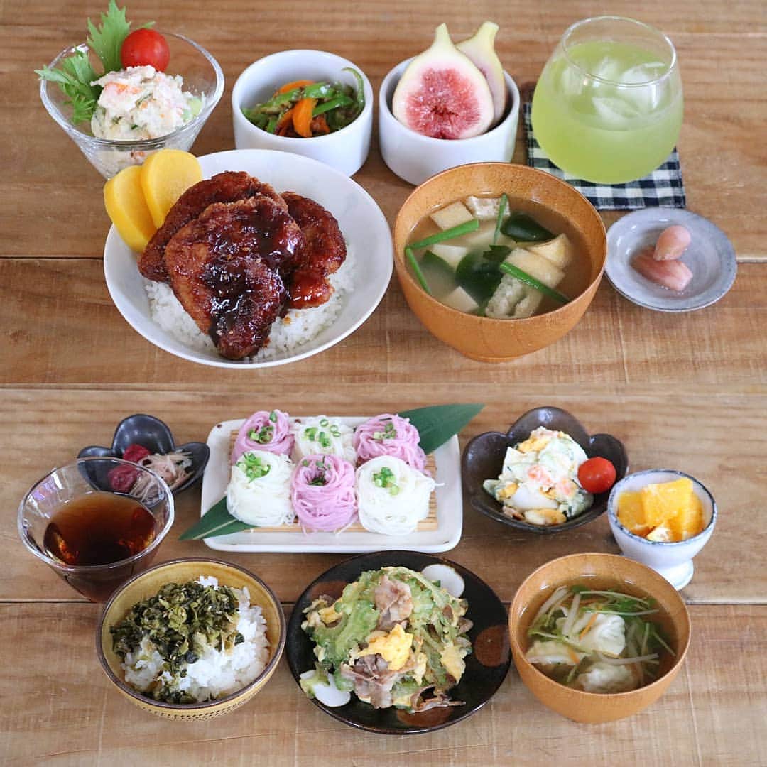 yunaのインスタグラム：「♩ . #まとめて投稿 #ひとりごはん . . 🍚味噌カツ丼 ピーマンのおかか炒め ポテトサラダ 茗荷の甘酢漬け お味噌汁 いちじく . . 🍚ゴーヤと豚肉の炒め物 くるくるそうめん ゆで卵のサラダ 水餃子 高菜の油炒めごはん オレンジ🍊 . . 風が強くなってきました🌀 被害がありませんように。。 . . #yunaご飯#lin_stagrammer#kurashiru#delistagrammer#Japanesefood#ロカリキッチン#デリスタグラマー#クッキングラム#クッキングラムアンバサダー#タベリー#フーディーテーブル#Kissカメラ#iegohanphoto#てづくりごはん365#おうちごはん#おうちごはんlover#ママリクッキング#マカロニメイト#おうちごはん通信#キッチングラム#おうちカフェ#夜ごはん#晩ごはん#dinner#小石原焼#白山陶器#波佐見焼」