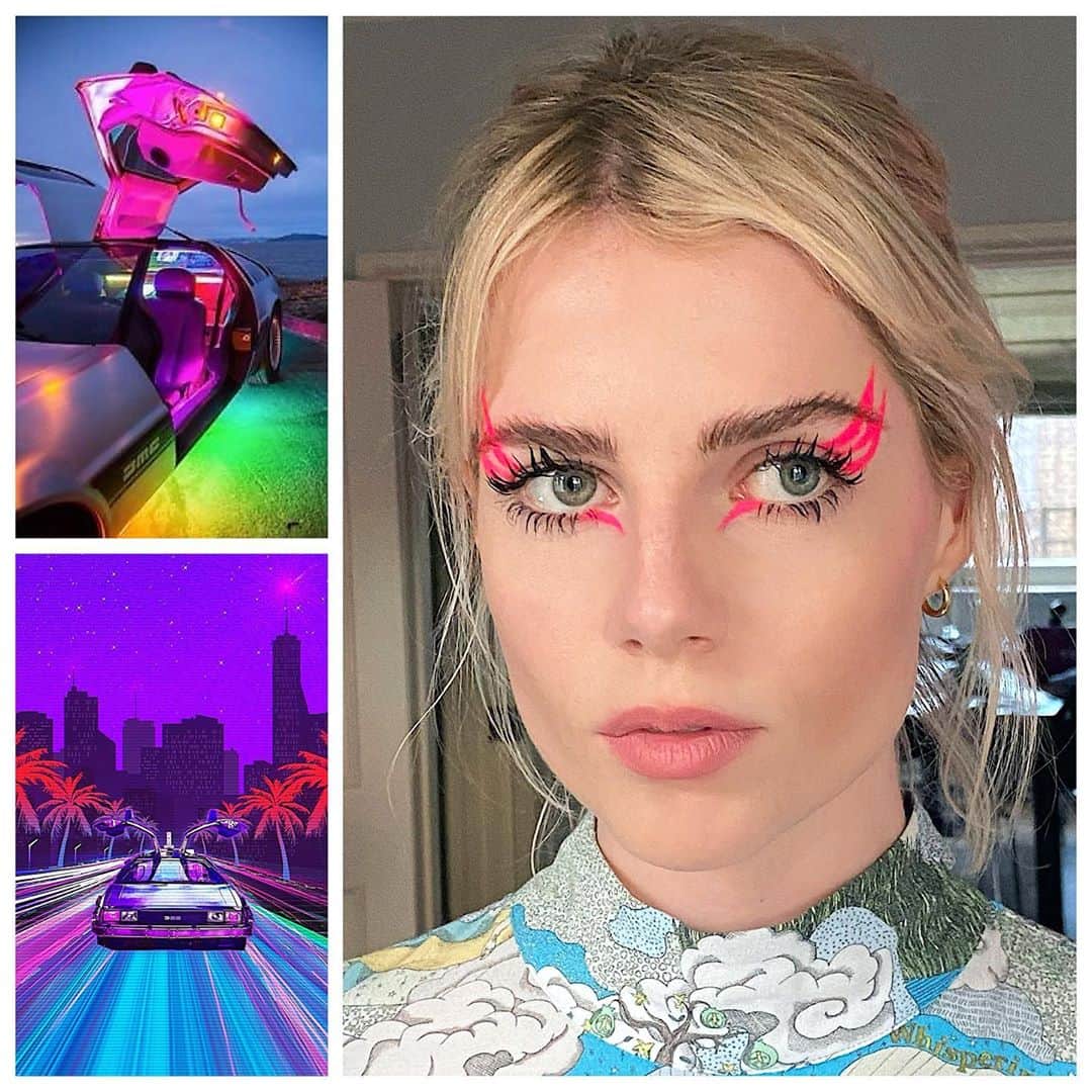 JO BAKERのインスタグラム：「L U C Y • B O Y N T O N ✨  Back to the future ...neon nowness on #lucyboynton ~ because ...in short we are all eager and keen to get back to our #futurelives !!! #makeup by me #jobakermakeupartist #neon #hotpink #neonpink #flamingowings #hotwings #backtothefuture #skyhigh #eyeliner 💕🎟🦩」