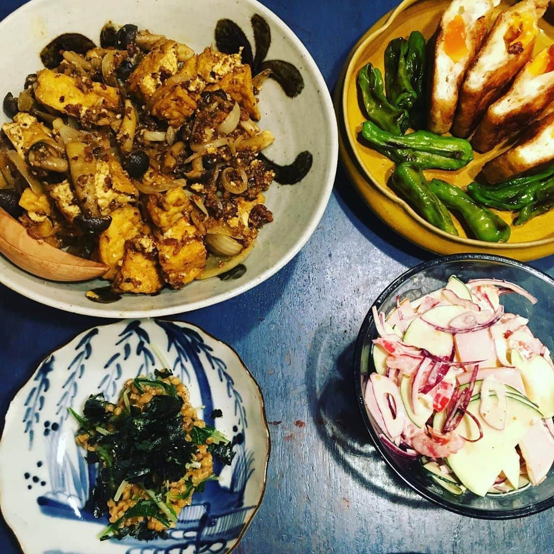 井上荒野のインスタグラム：「久々にアップ、水曜日の夫作。きょうの料理ビギナーズの「厚揚げ・豆腐特集」を見て作ってくれた模様。イソフラボンまくっていますがおいしかったです。」