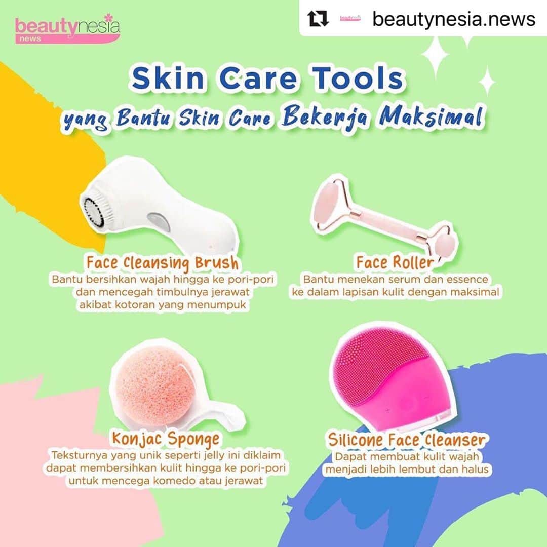 のインスタグラム：「Setelah seharian beraktivitas waktunya bersihin wajah nih beb, supaya wajah bebas dari sisa kotoran dan gak menyumbat pori pori. Nah ternyata ada beberapa beauty tools yang bisa bantu membersihkan wajah secara menyeluruh dan membuat skincare yang kamu gunakan bekerja dengan maksimal lho.⁣ ⁣ Diantara 4 beauty tools ini, mana nih yang belum pernah kamu cobain ? Mention temen kamu juga yuk😆⁣ ⁣ #BeautynesiaNews #BeautyTools #Skncaretools #CleansingCrush #Faceroller #jaderoller #konacsponge #siliconfacecleanser #Facialwash #nightroutine」