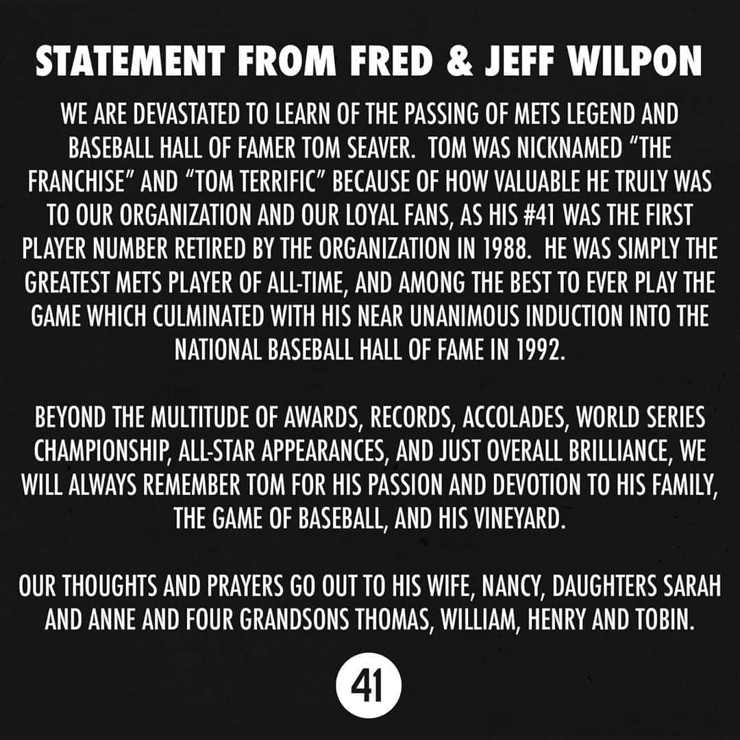 ニューヨーク・メッツさんのインスタグラム写真 - (ニューヨーク・メッツInstagram)「Official statement from the #Mets on the passing of Tom Seaver. #RIP41」9月3日 9時41分 - mets