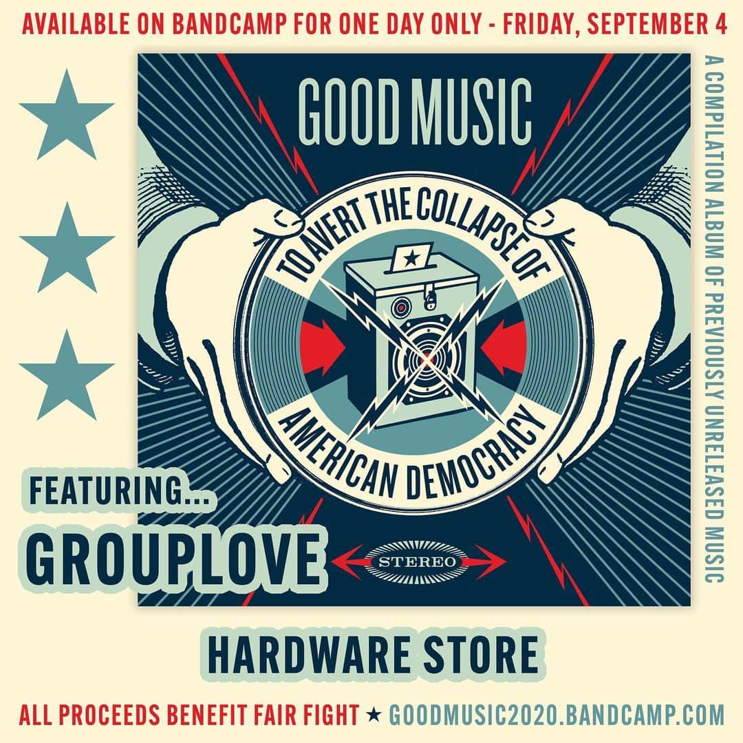 グループラブのインスタグラム：「Our song “Hardware Store” will be released as part of ‘Good Music To Avert The Collapse Of American Democracy’ – a fundraising compilation album that will be available for ONE DAY ONLY this Friday, September 4th on @bandcamp! All net proceeds go to @fairfightaction to help raise voter awareness and participation in the upcoming 2020 election. “Hardware Store” was produced by @davesitek, engineered by @racasuso , and mixed by @mattygfunq. Cover art by @obeygiant. Swipe over for the track listing. Proud to be amongst these amazing artists. goodmusic2020.bandcamp.com」