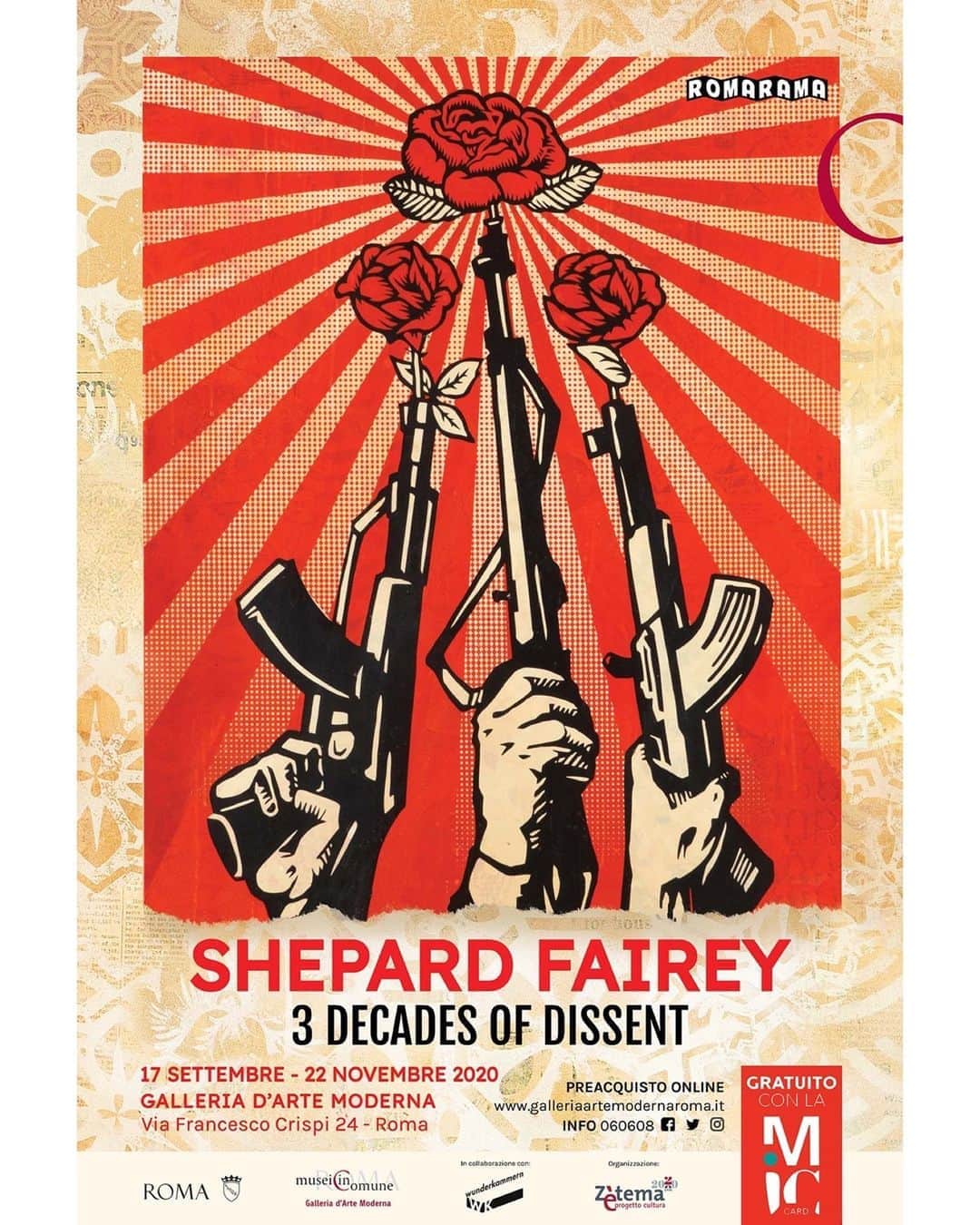 Shepard Faireyのインスタグラム：「Three Decades of Dissent with @wunderkammerngallery opens September 17th, 2020 at @museiincomuneroma!⁠ ⁠ It is an incredible honor to show a selection of the most important artworks of my career at GAM alongside a curated group of masterworks from the museum's permanent collection. My art tells the story of how I responded visually to critical concerns in the world over the last 30 years, but in this exhibition goes deeper, with a dialogue between my works and the selected GAM collection. These artworks all address the human concerns of their artists and eras showing that creative response takes many forms. I'm delighted to see the aesthetic parallels of much of my art with the work of Giulio Turcato or the conceptual provocation of Pino Pascali. For me, art is about instigating and inspiring conversations, and I believe this show's multiple layers will provoke thought and rich discussion.⁠ -Shepard⁠ ⁠ SHEPARD FAIREY⁠ THREE DECADES OF DISSENT⁠ Galleria d’Arte Moderna di Roma⁠ (Modern Art Gallery of Rome)⁠ via Francesco Crispi, 24⁠ 00187 Roma⁠ ⁠ Opening: September 17th 2020⁠ ⁠ 17th September - 22nd November 2020⁠ Opening hours: from Tuesday to Saturday 10am – 6.30pm⁠ Info: 060608 (everyday from 9am to 7pm)⁠ ⁠ Link in bio for more details.」