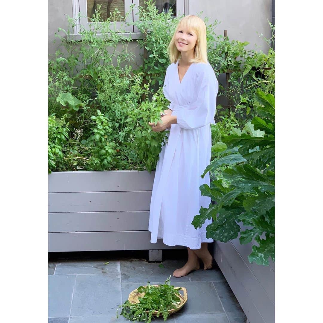 エリン フェザーストンのインスタグラム：「My basil garden seems to have exploded overnight! I love to use the flowering stalks as garnish in cocktails and the rest is for pesto! Send me your favorite recipes please!」
