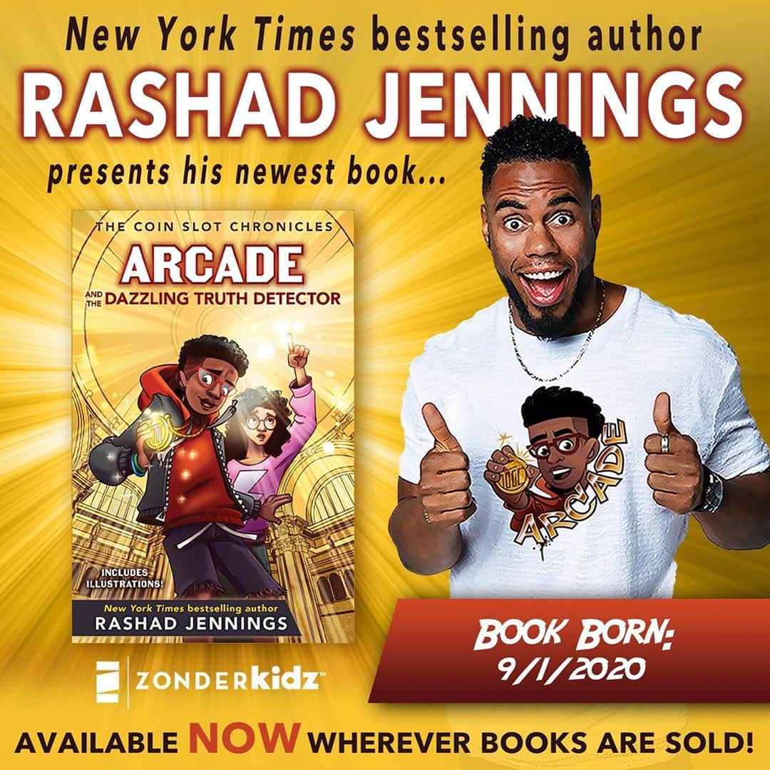 ラッシャッド・ジェニングスのインスタグラム：「What’s up good people! Allow me to introduce you to the fifth member of my authorial family, and fourth book in my Arcade series, ARCADE and THE DAZZLING TRUTH DETECTOR!! I’m so humbled when I realize that despite growing up with a reading deficit disorder, today, I’m a multi-published and NY Times Bestselling author. God is good to me! Adults and kids will love these adventures full of humor and life lessons!!! #ShadTheAuthor #ArcadeLivingston LINK IN BIO!!! 👲🏾👲🏾👲🏾」