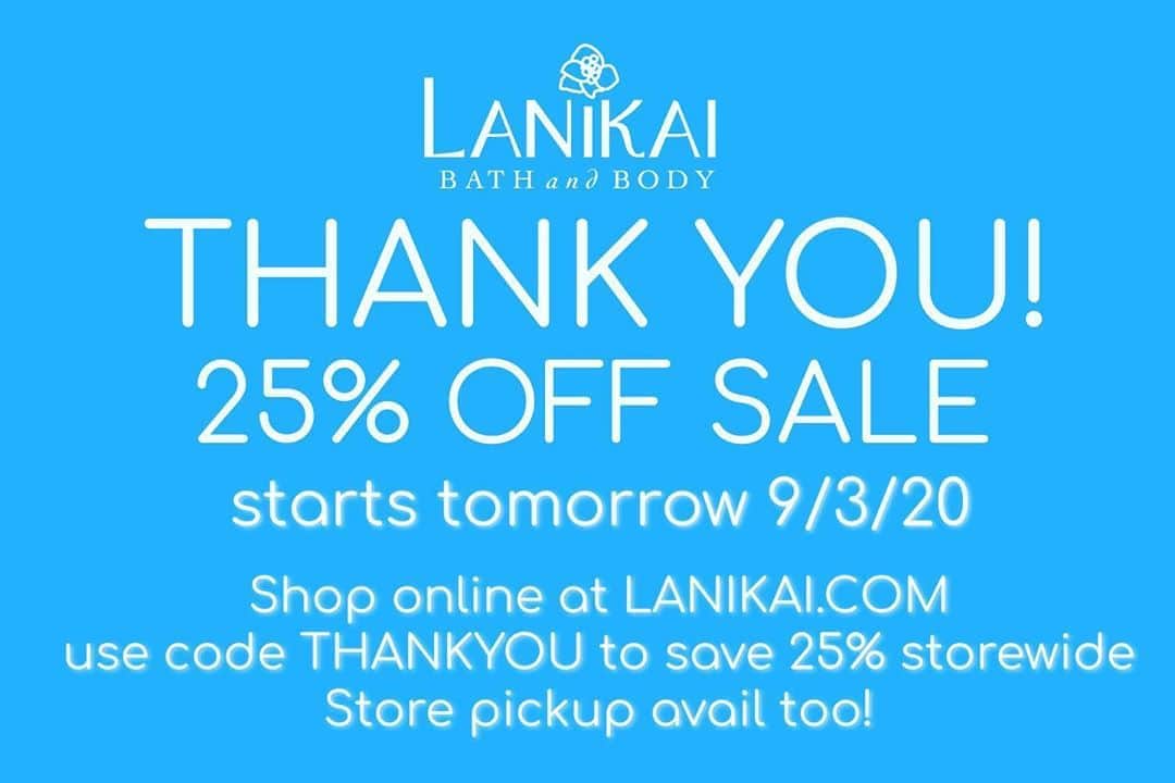 Lanikai Bath and Bodyさんのインスタグラム写真 - (Lanikai Bath and BodyInstagram)「Thank you everyone for your support of Lanikai Bath and Body. Our employees thank you, I thank you. It’s been a difficult year and this current shut down has hurt Hawaii’s retail establishments, restaurants, businesses and more. This Thankyou sale is a small way of showing our appreciation, and making sales too of course, to stay in business, pay our staff and remain open in Kailua. Sale is store wide, even CBD products. Have fun shopping, sale ends next Tuesday 9/8. Store pick up avail too. Please share! #covidchallenges #sale #natural #hawaiian #lanikaibathandbody #kailuatownhi」9月3日 4時41分 - lanikaibathandbody