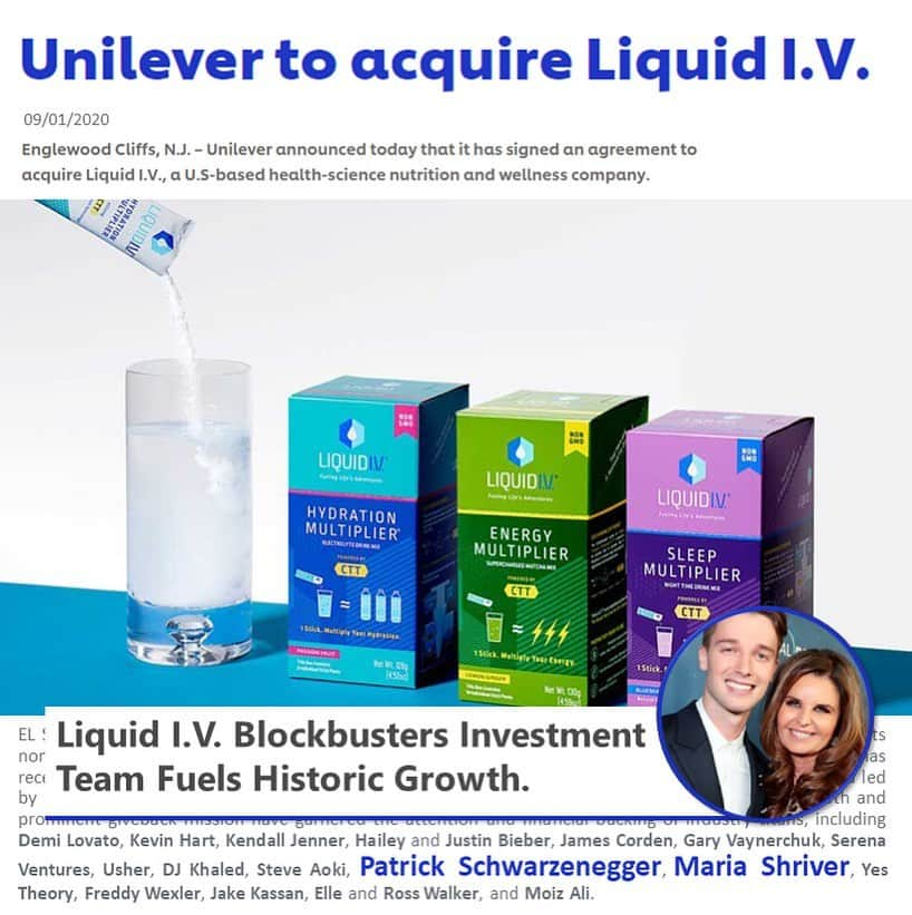 パトリック・シュワルツェネッガーのインスタグラム：「💥💥Big news for our portfolio company @liquidiv proud to be part of this company!!💥💥  When I first talked with @brandin_cohen about investing years ago, I was fascinated by his clarity in his mission. I loved that the buisness was doing great $$, but I was more interested in the fact he had a clear “WHY” which was to help people around the world live better lives by optimizing the body & hydrating those in need.   Proud of you Brandin. Your a true representation of how young entrepreneurs ought to think. People buy into the why, and you used a product as medium to get your message out there & donate 5 Million sticks to people in need.  ✅✅✅THANKS FOR HAVING ME PART OF THE JOURNEY!! ✅✅✅」