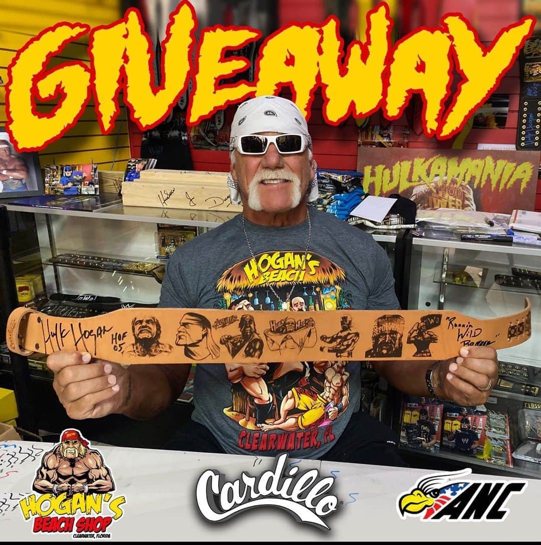 ハルク・ホーガンのインスタグラム：「🇺🇸 GIVEAWAY 🇺🇸 . To enter you MUST FOLLOW   1️⃣ @cardilloweightbelts @cardilloweightbelts  @hogansbeachshop @hogansbeachshop  .  2️⃣ Tag a friend  3️⃣ Multiple individual tags = multiple entries!! . 💥BONUS💥 Share to your story and tag @hogansbeachshop @hulkhogan . . Winner will be chosen by @hulkhogan on Labor Day and receive this one of a kind tattooed commemorative signed @hulkhogan strap. #StrapUp . .  . . This  #cardilloweightbelts was tattooed by tattoo artist Handsome Pete @anc_boston  . . All @cardilloweightbelts are proudly made in the 🇺🇸」