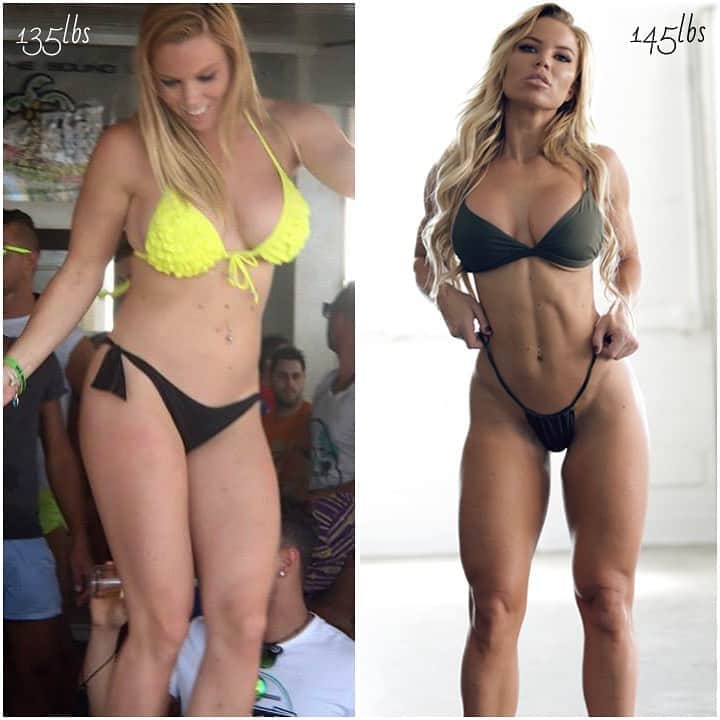 Lauren Drain Kaganのインスタグラム：「135lbs vs 145lbs but completely different body composition💪🏽 Now accepting Fall Program clients🙌🏼 Link in bio @laurendrainfit」