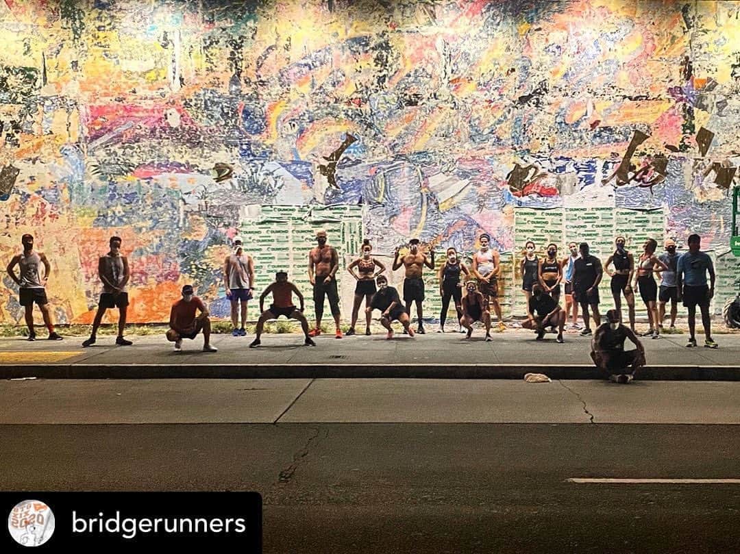松山智一のインスタグラム：「We always find beauty in destruction, half way thru being buffed , thank you, NYC. 半分消えかけ、儚さが最高に美しい。NYありがとう。  #repost @bridgerunners  Art imitating Life #OnaWednesday  as usual.  Trotted the last few miles of our #BRoaderThanBRoadway Run x Roll + #BRBXBBQ on Labor Day.  It’s also the return of the head of the 🐍 so an all out #CeleBRation. 3pm Fun 7pm Run 🐂🐢🐇」