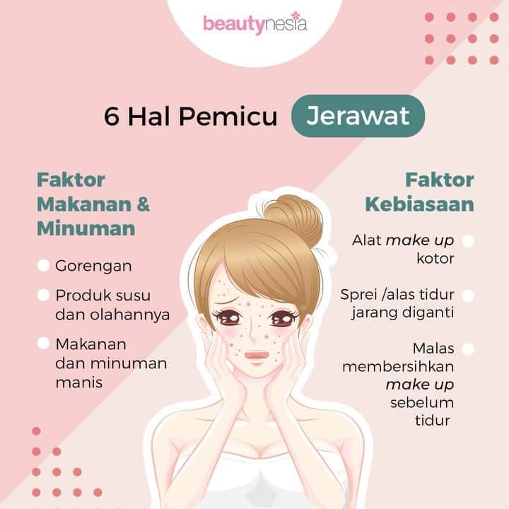 のインスタグラム：「Siapa yang gak tahan sama godaan gorengan ?huhuh tapi ingat ya Beautynesian, terlalu banyak mengonsumsi gorengan bisa salah satu pemicu munculnya jerawat lho. Selain itu, pemicu lainnya bisa jadi karena kebiasaan sehari-hari yang gak kamu sadari seperti :⁣ ⁣ Alat make up yang kotor⁣ Sprei atau alas tidur jarang diganti ⁣ Malas membersihkan make up sebelum tidur⁣ ⁣ Nah loh, diantara kebiasaan ini ngaku coba mana yang paling sering kamu lakukan ?⁣ ⁣ #BeautynesiaID #Jerawat #PemicuJerawat #AcneFighter #MasalahJerawa #kulitBerjerawat #Gorengan #MakeUp」