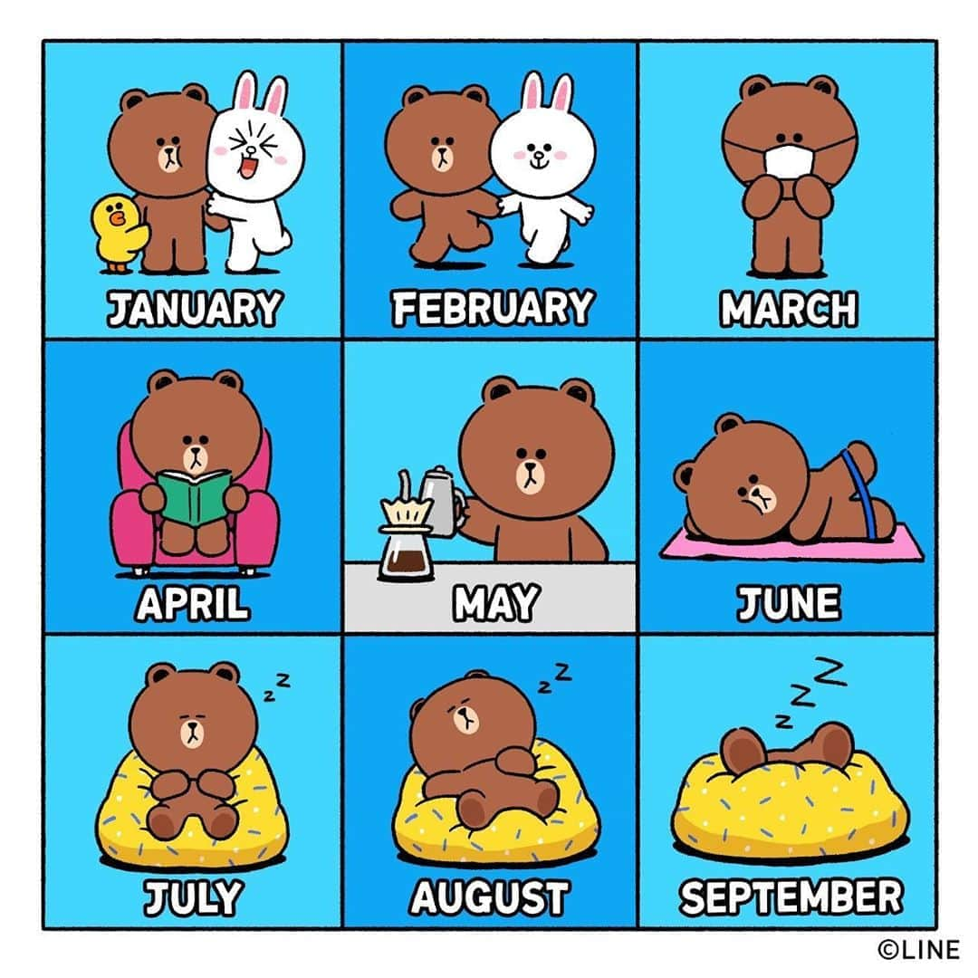 LINE FRIENDSさんのインスタグラム写真 - (LINE FRIENDSInstagram)「This is how 2020 panned out for the majority of us. And each month felt precious! 🥰 ⠀ #2020challenge #stayhome #staysafe #BROWN #CONY #SALLY #LINEFRIENDS」9月3日 17時02分 - linefriends