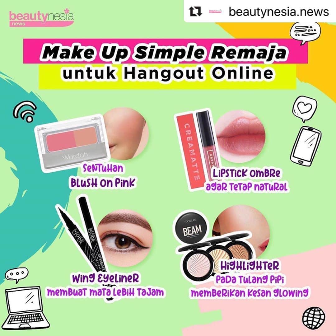のインスタグラム：「Tim anti ribet ribet club saat make up mana nih suaranya ? Pas banget, dengan 4 produk make up ini kamu udah bisa dapetin glowing look yang cocok buat hangout online. Gak sampe 10 menit make up udah jadi deh hihih⁣⁣ ⁣⁣ Nah, kalo kamu biasanya make up butuh waktu berapa lama dan produk make up wajib nya apa aja nih ? Cerita yuk di kolom komentar 😁⁣ ⁣ --⁣⁣ #BeautynesiaNews #HangoutOnline #MakeUpTutorial #MakeUpTips #TipsKecantikan #InfoKecantikan #TipsMakeUp #InfoMakeUp #BeautyTips #TipsCantik #Hangout #MakeupHangout」