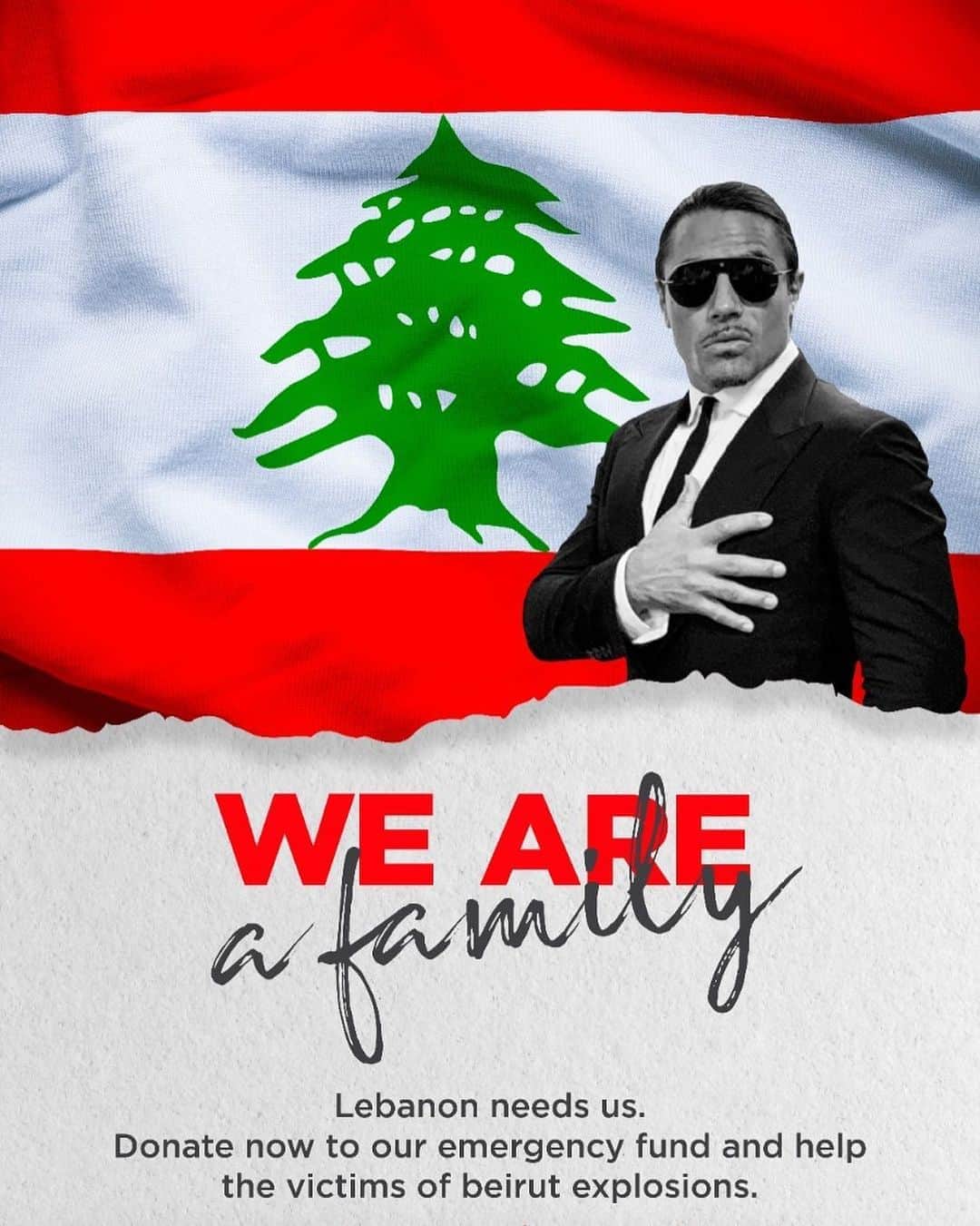 Saltbae（ヌスラット・ガネーシュ）さんのインスタグラム写真 - (Saltbae（ヌスラット・ガネーシュ）Instagram)「On Saturday night 5th of September all the revenue we make at our nusret etiler branch will be donated to victims of Beirut explosions. We are all one family , please join us and support. Let's show everyone our power.  www.kizilay.org.tr/weareafamily @kizilay   5 eylül Cumartesi günü etiler nusret şubemizdeki bütün gelirler patlamada zarar gören Beyrut halkına bağışlanacaktır. Hepimiz bir aileyiz , lütfen bize katılın ve destekleyin.Gücümüzü herkese gösterelim.  www.kizilay.org.tr/weareafamily @kizilay」9月4日 4時33分 - nusr_et