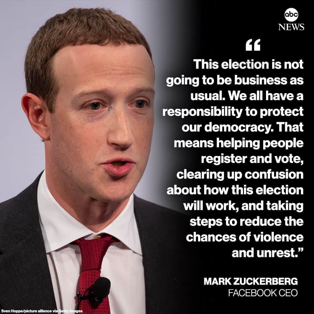 ABC Newsさんのインスタグラム写真 - (ABC NewsInstagram)「Facebook CEO Mark Zuckerberg: "We all have a responsibility to protect our democracy. That means helping people register and vote, clearing up confusion about how this election will work, and taking steps to reduce the chances of violence and unrest."   With just two months left until the presidential election, Facebook says it is taking more steps to encourage voting, minimize misinformation and reduce the likelihood of post-election “civil unrest.” #markzuckerberg #facebook #politics #election2020」9月3日 20時38分 - abcnews
