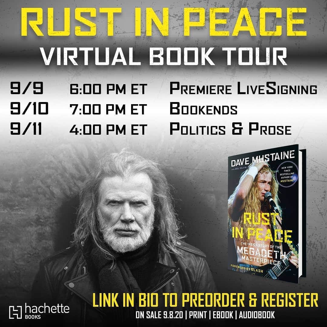 のインスタグラム：「Join Dave Mustaine for a RUST IN PEACE VIRTUAL BOOK TOUR starting Wednesday, September 9. Dave will be discussing his new autobiography and the iconic album, as well as taking your questions. Get tickets now before they’re gone! found.ee/RIPBookTour (link in bio)」