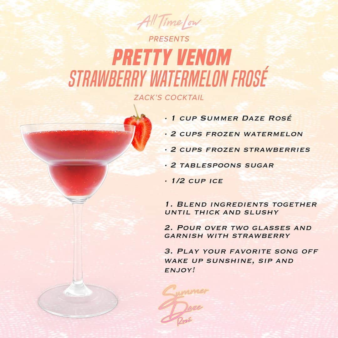 All Time Lowさんのインスタグラム写真 - (All Time LowInstagram)「We’re coming at you with FOUR @summerdazerose cocktail recipe videos this weekend, starting off with @zacharymerrick’s Pretty Venom Strawberry Watermelon Frosé. That’s right, Zack’s a Frosé guy. Check out the full video on our YouTube and get 10% off your order through Monday with code GETITNOW10 at everythingiswine.alltimelow.com.」9月4日 2時20分 - alltimelow