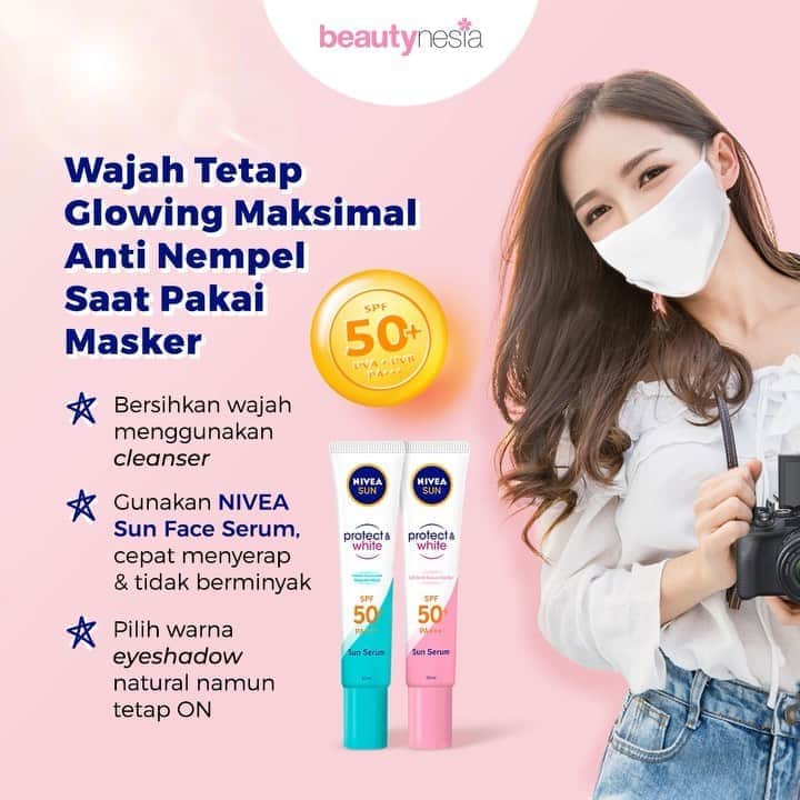 のインスタグラム：「Meskipun beraktivitas diluar harus pakai masker, tapi bukan berarti kita gak bisa tampil cantik dengan menggunakan make up lho. Kalau kamu merasa kurang nyaman atau khawatir make up jadi rusak karena pakai masker, tenaaaaaaaaaang aja... NIVEA Sun Face Serum Oil Control jadi solusi terbaik supaya make up tetap stay all day walau pakai masker. Formula Oil Control-nya mampu membuat make up jadi gak berminyak, lebih tahan lama dan gak gampang luntur meski dalam cuaca panas dan lembab. Selain itu, tekstur-nya yang ringan dan gak lengket membuat sunscreen mudah menyerap ke kulit kita, jadi tetap nyaman dipakai seharian.⁣⁣ ⁣ Cara pakainya juga mudah banget. Sebelum make up pastikan wajah sudah dibersihkan dengan facial wash lalu lanjut dengan skincare dasar seperti toner dan moisturizer. Kemudian lanjut oleskan sunscreen ke seluruh wajah secara merata, minimal 2 jari untuk proteksi yang maksimal. Supaya make up lebih ON, jangan lupa berikan sentuhan blush on dan eyeshadow berwarna natural seperti peach.⁣⁣ Kamu udah pernah cobain belum ? share yuk cerita kamu di kolom komentar⁣⁣」