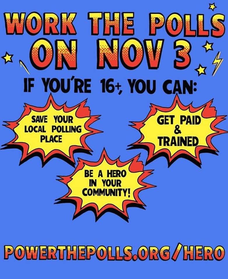 エリック・クリスチャン・オルセンのインスタグラム：「Don't let your local polling place close! If you're over 16, sign up TODAY to be a poll worker at powerthepolls.org/hero & share!  You not only get paid for your heroic work, but you'll help end the national poll worker shortage we're facing in 2020. Everyone gets free PPE too.  If we don't recruit more people, many polling locations will close! Please help reach our goal of signing up 250,000 poll workers. You'll be a hero in your community by protecting the right to vote for your neighbors. Join the movement and be a #pollhero today! Thanks @halfadams for the info!」