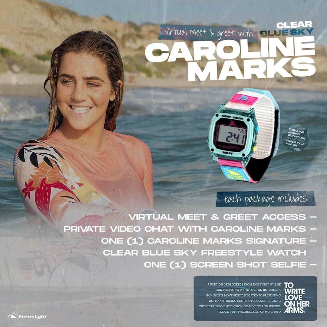 キャロライン・マークスのインスタグラム：「Hey guys! I’m stoked to announce Freestyle and I partnered with 23/7 on a virtual meet & greet that is now available! The link is in my bio and access is super limited. Everyone that signs up gets one of my new Shark signature watches and a portion of proceeds goes to one of my favorite charities, @twloha (To Write Love On Her Arms). It’s a great cause that I’m especially happy to support during times like these. Hope to see you there! #freestylewatches #shark」