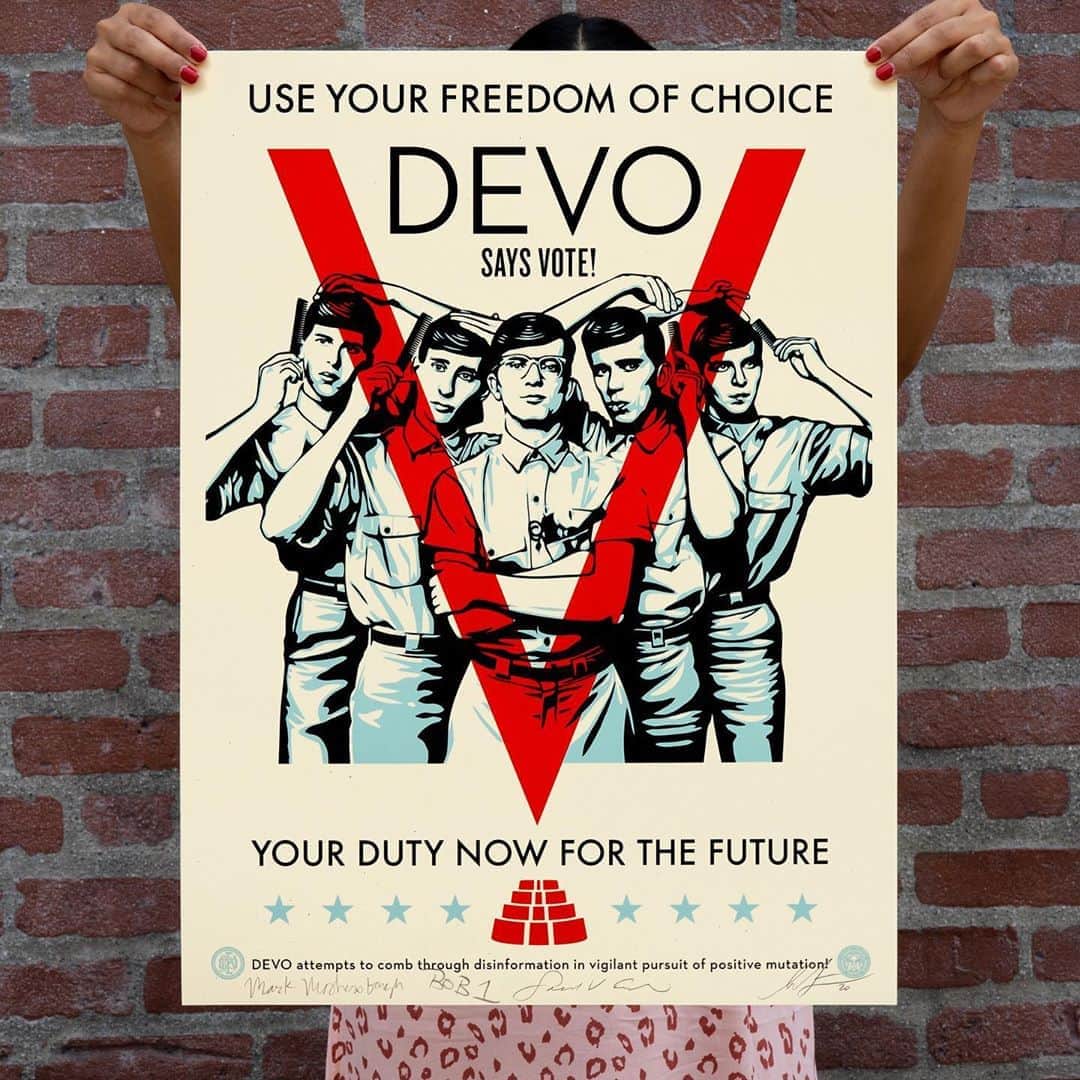 Shepard Faireyのインスタグラム：「DEVO VOTE! AVAILABLE TUESDAY, SEPTEMBER 8TH!  This "Devo Vote!" print, based on a photo by Robert Matheu @robertmatheu, is a call to action and a celebration of the brilliance of Devo’s music, visuals, and ideas. I knew nothing about Devo when I first heard “Whip It” in 1980 on the radio, but I loved the quirky and catchy style of the song. I called the radio station obsessively requesting the song until they finally told me, “that song isn’t in rotation anymore… stop bugging us!” Later I got into punk rock and Devo had a following with some people in that culture. I noticed that Devo was a lightning rod because they were one of the few punk/new wave bands that crossed over a little bit into the mainstream. When I started skateboarding, a parent who thought they were funny asked me, “you aren’t gonna start wearing a flower pot on your head like Devo, are you?” As I listened to more Devo and paid closer attention to their lyrics, I realized how brilliant and subversive their examinations of devolution and mindless conformity were when packaged in catchy new wave songs. The Devo albums, "Are We Not Men?", "Freedom of Choice" and "New Traditionalists" are all amazing musically and lyrically. Devo also made really cool videos and graphic art. I now consider Devo to be one of the smartest and most fully realized art projects to infiltrate pop culture. The members of Devo also care about social and political engagement… you could say they are democracy DEVOtees, so proceeds from this print will benefit the @risefreeorg work to get out the student vote. The print is signed by Mark Mothersbaugh, Gerald Casale, Bob Mothersbaugh, and me. -Shepard  DEVO Vote! 18 x 24 inches. Screen print on thick cream Speckletone paper. Based on photo by Robert Matheu. Signed by Shepard Fairey, Mark Mothersbaugh, Gerald Casale, and Bob Mothersbaugh. Numbered edition of 575. $85. Proceeds go to Rise. Available on Tuesday, September 8th @ 10 AM PDT at https://store.obeygiant.com/collections/prints. Max order: 1 per customer/household. International customers are responsible for import fees due upon delivery.⁣ Orders may be delayed due to COVID19. ALL SALES FINAL.」