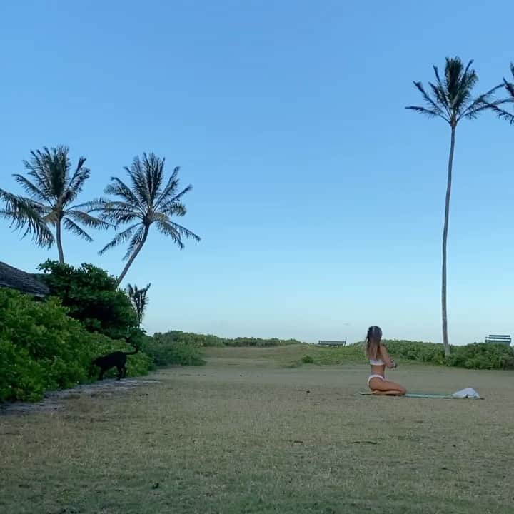 エビアン・クーのインスタグラム：「Lately🧘‍♀️ さいきんは....マインドに優しいことばかりしてる、 このコンブチャ乳酸菌もそうだけど蜂蜜も入ってて飲みやすいよ。犬と遊んでヨガしてこのロックダウンも悪くない✨」