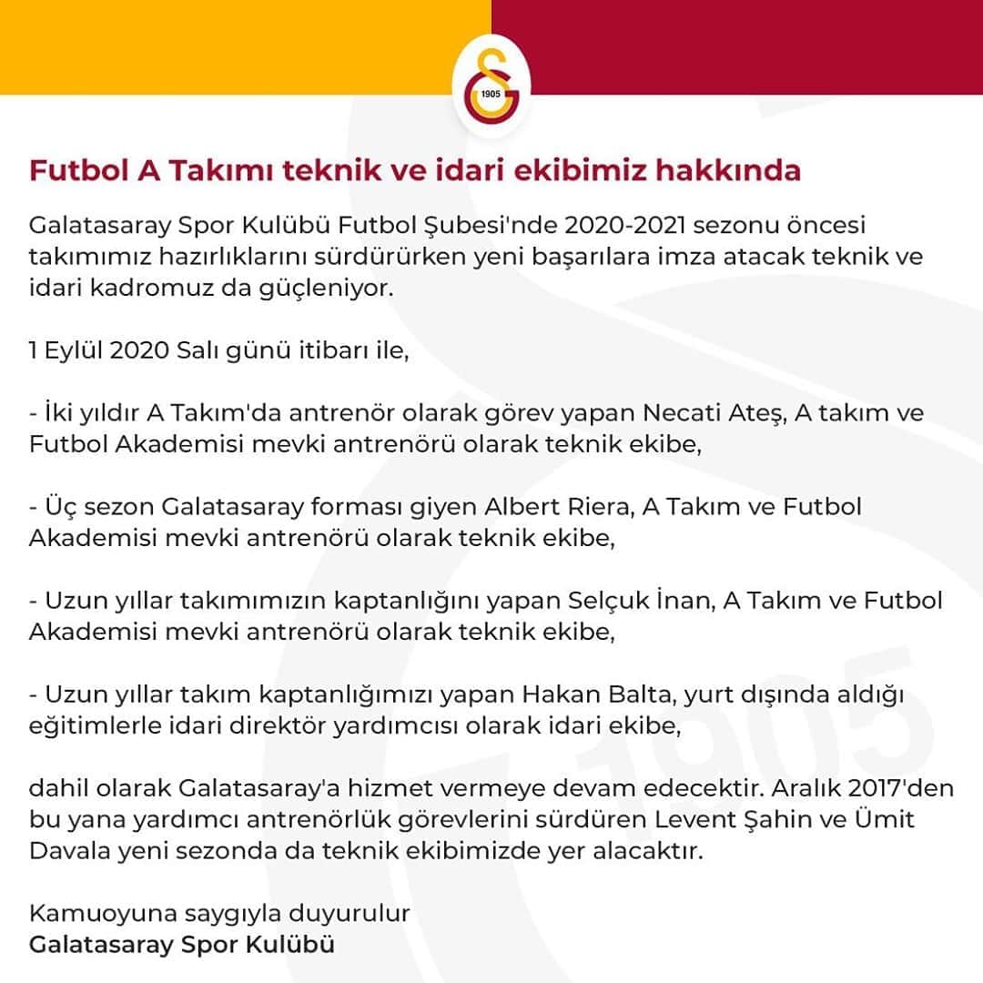 ガラタサライSKさんのインスタグラム写真 - (ガラタサライSKInstagram)「Futbol A Takımı teknik ve idari ekibimiz hakkında」9月4日 22時23分 - galatasaray