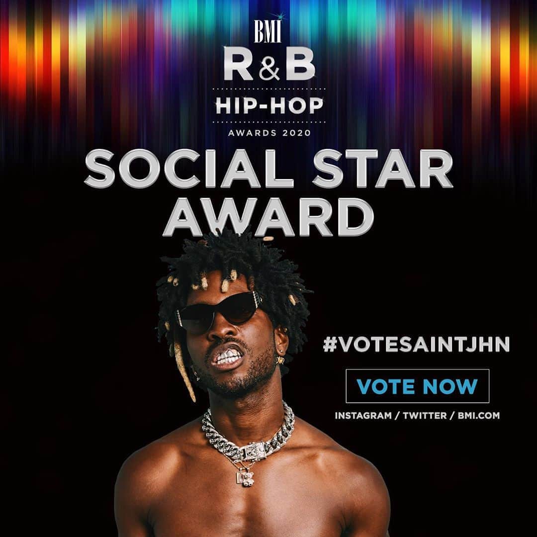 Broadcast Music, Inc.さんのインスタグラム写真 - (Broadcast Music, Inc.Instagram)「Thanks for voting for @saintjhn! The 2020 #BMISocialStar winner will be announced Monday, September 14th on BMI.com.   To see all the nominees, click the link in our bio or click the following hashtags: #VoteMulatto #VoteSAINtJHN #VoteFishscale #BMISocialStar #BMIRnBHHAwards」9月4日 22時44分 - bmi