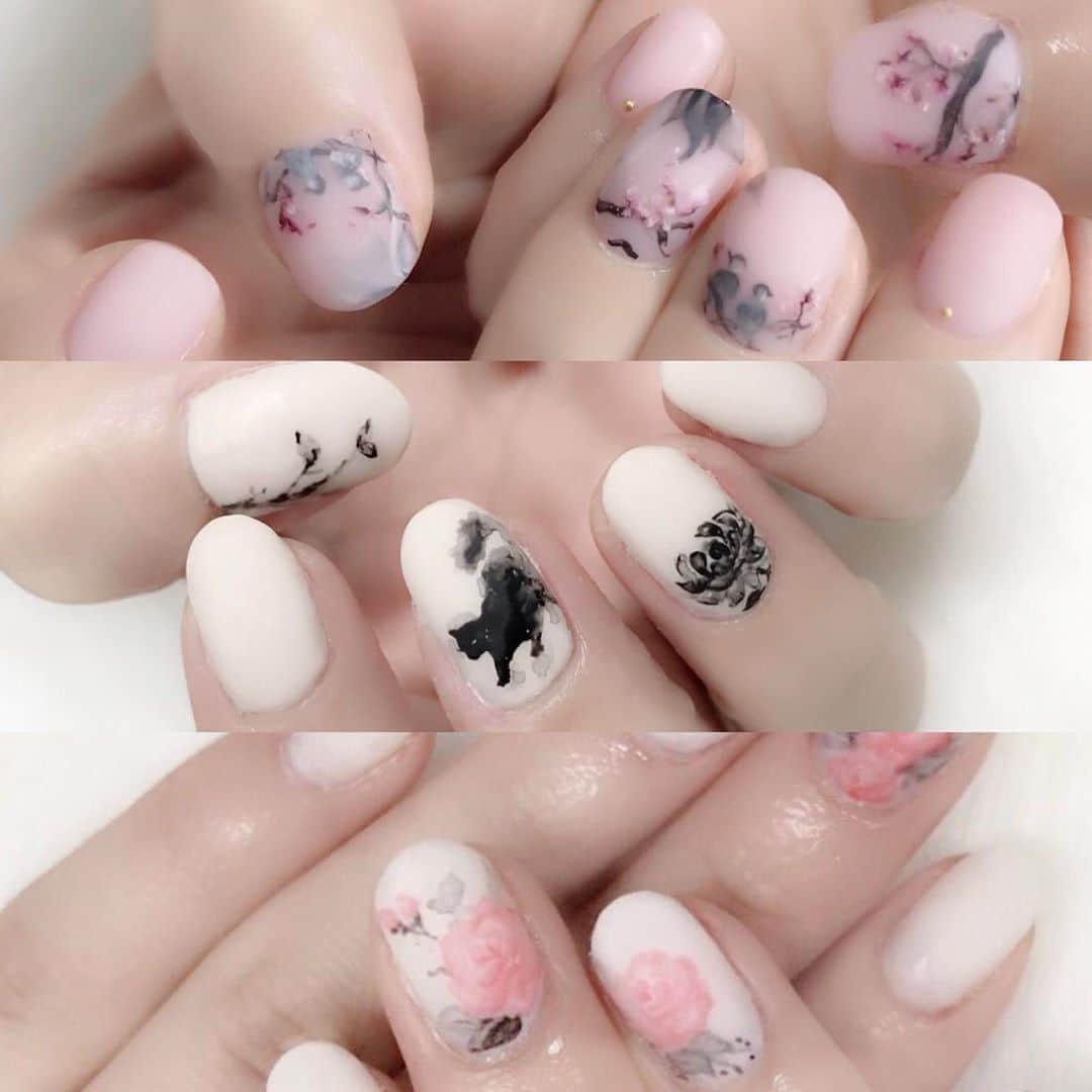 なかやまちえこのインスタグラム：「水墨画ネイル🎐⠀ #nail #nails #nailart #ネイル #美甲 #ネイルアート  #japanesenailart #manucure #japanesenails #manicurist #gelnails #أظافر #네일아트 #미용 #vẽmóng #ngườiđẹp  #เพ้นท์เล็บ #искусствоногтя #artedeuñas #เพ้นท์เล็บเจล #ジェルネイルデザイン #ネイルデザイン #senikuku #nagelkunst #水墨画ネイル #Inkpainting #Inkpaintingnails #suibokuga」