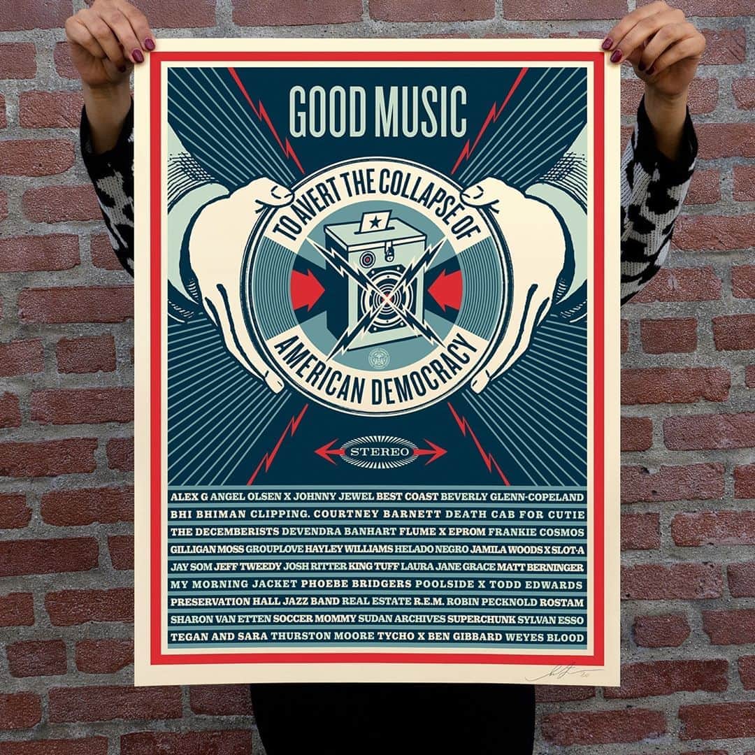 Shepard Faireyのインスタグラム：「I’m excited to share the cover art and poster that I designed for “Good Music To Avert The Collapse Of American Democracy,” a compilation of previously unreleased recordings from some of the most important names in music! It features never-before-heard new songs, covers, remixes, live versions, and unreleased demos from incredible artists across many genres. The album and limited edition poster (signed by me) will be available exclusively for 24 hours only, starting NOW, Friday, September 4th via Bandcamp as part of their Bandcamp Fridays initiative. 100% of the net proceeds from the album’s sales will go to @fairfightaction, a voting rights organization that promotes fair elections around the country through voter education, election reform, and combating voter suppression. Net proceeds from the limited edition poster (signed by me) will go to @colorofchange, the nation’s largest online racial justice organization. Support this important movement and get your hands on some GOOD MUSIC while you’re at it! Thanks for caring. -Shepard⁠ ⁠ Support now via @bandcamp - link in bio!」