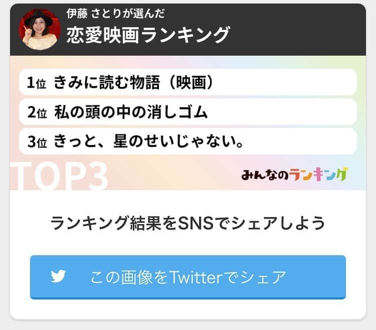 伊藤さとりさんのインスタグラム写真 - (伊藤さとりInstagram)「みんなのランキング  伊藤さとり連載始まりました。  まずは、泣ける恋愛映画ベスト3  https://ranking.net/rankings/best-love-movies/satori_ito  #泣ける映画ランキング #好きな映画ベスト3 #映画好き #みんなのランキング #好きなもの  #ベスト3 #恋愛映画 #泣ける恋愛映画  #映画好きな人と繋がりたい  #映画鑑賞 #映画パーソナリティ  #伊藤さとり」9月4日 18時57分 - ito_satori