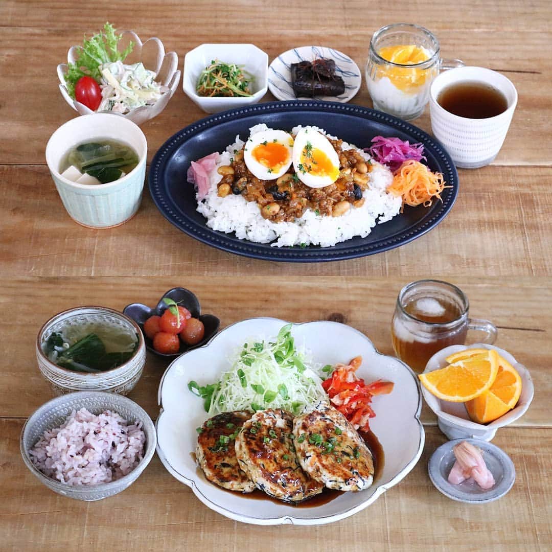 yunaのインスタグラム：「♩ . #まとめて投稿 #ひとりごはん . . 🍚ビーンズドライカレー なすの中華炒め 豆苗のごま和え マカロニサラダ 小松菜のお味噌汁 フルーツヨーグルト . . 🍚豆腐ハンバーグ和風あん パプリカとツナの炒め物 ミニトマトのはちみつマリネ お味噌汁 雑穀ごはん フルーツ🍊 . . #yunaご飯#lin_stagrammer#kurashiru#delistagrammer#Japanesefood#ロカリキッチン#デリスタグラマー#クッキングラム#クッキングラムアンバサダー#タベリー#フーディーテーブル#Kissカメラ#iegohanphoto#てづくりごはん365#おうちごはん#おうちごはんlover#ママリクッキング#マカロニメイト#豆腐ハンバーグ#ドライカレー#🍛#夜ごはん#晩ごはん#dinner#小石原焼#翁明窯元#白山陶器#波佐見焼」