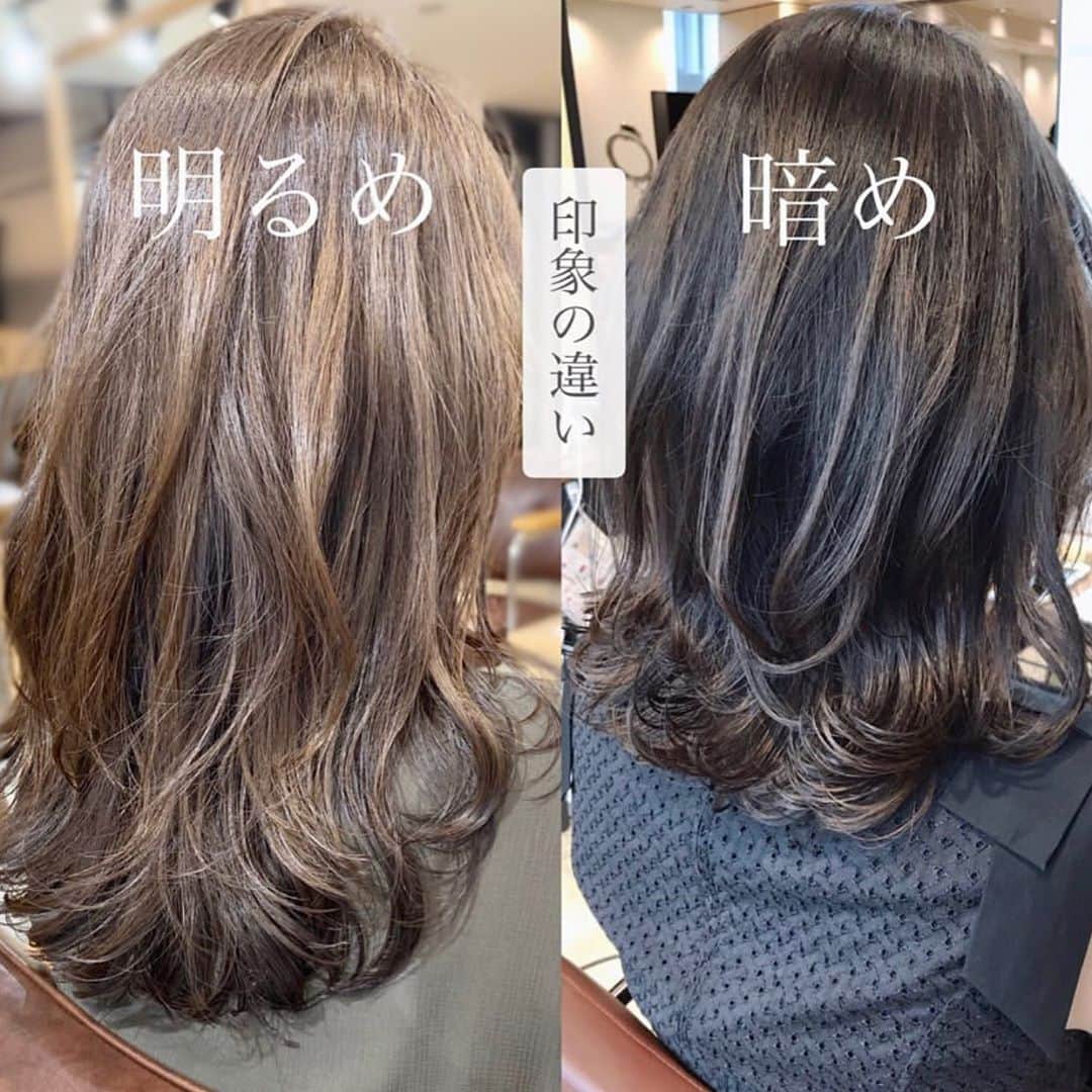 西岡卓志のインスタグラム：「明るめと暗めの印象の違い！  ずっと上手くいかなかったヘアカラー✂︎も	 ようやく納得することができます！✨✨ . . .  根拠なく似合う髪型にします  なんて言いません。。。 . 徹底的に理論化した 似合うヘアスタイルで お悩みが解消した！とぞくぞく✨✨⭐️ ... ... 僕と他の美容師さんとの違いは 骨格や生え方の位置を考慮したとカット法。 ️ ... ... ✨生え癖や髪質を見た上で適切な分量にわけとり前髪や全体を馴染むように切ります。 ️ ... ... ✨とくに顔周りは似合わせの重要ポイントなので厚み横幅を骨格に合ったカットをします。 ️ ... ... ✨頭の形と顔のパーツに合わせた最適なデザインにします！ ️ ... ... 全国各地、海外からインスタグラムより毎月多くのお客様にご来店頂けています🙇🙇 ️ ... ... 僕の似合わせへのこだわりは だーーーれにも負けませんっ！！💈💈💈 ️ ... ... ★カットでお悩みの方！！ ☑︎前髪を切ったけど似合わないしっくりこない . ☑︎レイヤーを入れたら巻けなくなった。 . ☑︎いつももっさりする . ☑︎いつもと同じカットで飽きた。 . ☑︎自分に似合うカットがわからない。 . ☑︎前髪を作りたいけど似合うかが不安。。。。 . ☑︎スカスカな毛先が気になる。 . ☑︎なんか似合ってない！ . ☑︎なんか似合ってない！！ . ☑︎なんか似合ってない！！！ . などなど、 一度ご相談くださいっ^^ 美容師歴19年のキャリアとカット技術で 必ず可愛く満足してもらえるよう 尽くします🐈✨✨ ️ ... ... . 似合う髪型の秘密は . ☑︎顔型に合わせた西岡独自の似合わせカット . ☑︎頭の形に合わせた馴染ませるカット . ☑︎普段のスタイリングもやりやすくなるように髪質などを考慮したでデザイン提案をさせて頂きます！ . 是非ご相談下さい✂︎ . 【西岡にしか出来ないパーマのこだわり】  パーマの仕上がりは柔らかく弾むような弾力が出るように巻いたような雰囲気にかけさせて頂いてますので朝の【時短】スタイリングは超簡単です👍 薬剤はオリジナルの調合を施し巻き方や温度までこだわっています。 パーマをかけようか検討している方は是非ご相談ください！ ️ ... ... ☑︎いつもパーマがかからない . ☑︎いつもパーマがかかり過ぎる . ☑︎巻いたようにならない . ☑︎朝のスタイリングに時間がかかる . ☑︎可愛くならない . ☑︎ぺたんこになる .  適切なボリュームの位置や長さ、前髪のバランスなど ヘアスタイルで悩んでいらっしゃる方は是非ご相談下さい🙆‍♂️ . ヘアスタイルのニュアンスを伝えるのって難しいですよね？😥 . 初めての方も安心して頂けるようしっかりカウンセリングさせて頂いています。😌 特に悩んでいらっしゃる部分や、ヘアスタイルのデザインについても決まっていない状態で来店して頂いてからご一緒に相談して決めましょう。 お気軽にご相談ください✂︎ . 緩やかなデジタルパーマで柔らかい質感へ . 強すぎるパーマが苦手な方  何度でもかけられる柔らかいカールがお好きな方 いつもかかりが弱いと悩んでいらっしゃる方  西岡独自のパーマ技法で【扱いやすく】【抜け感のある】パーマデザインをご提案します。 #烫发 #Perm #파마 #セミロング#ショートパーマ #セミロングパーマ#外ハネパーマ#パーマスタイル#小顔#前髪長め#ミディアムパーマ#巻き方#パーマ#デジタルパーマ#前髪パーマ#パーマ#ミディアム#前髪カット#抜け感#アッシュグレージュ#パーマヘア#イルミナカラー#ひし形#アッシュ#ストレート#ウェーブヘア#銀座一丁目#池袋西口#似合わせ 《《お客様の声》》 口コミはプロフィールトップのハイライトより読めます！」