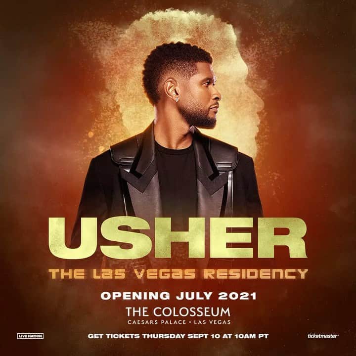 のインスタグラム：「I’ll be kicking off my Vegas residency July 2021 at @caesarspalace Colosseum! Tickets go on sale Thursday 9/10 at 10 AM PT, but you can get yours starting Monday if you text me at (404) 737-1821. I’ll hit you back with the presale code this weekend. For all dates and tickets head to www.ticketmaster.com/ushervegas.」