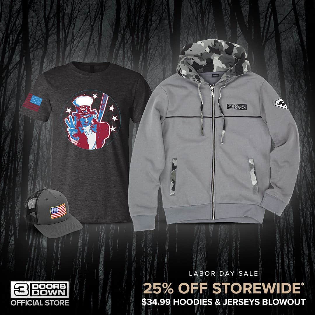 3 Doors Downのインスタグラム：「Our Labor Day weekend merch sale starts now! Shop at the link in our bio.」