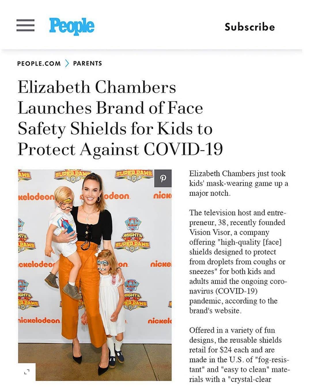 Elizabeth Chambers Hammerのインスタグラム：「Sweetest surprise! Thank you for the @thevisionvisor love, @people.  I started this company a few months ago and it has been incredible to see it grow. Thank you all for your support and for the precious photos you’ve shared.  Our visors are American made and available in sizes for both children and adults. Follow us and order @thevisionvisor. #safetywithasmile *LINK IN BIO* 🤍🤍🤍」