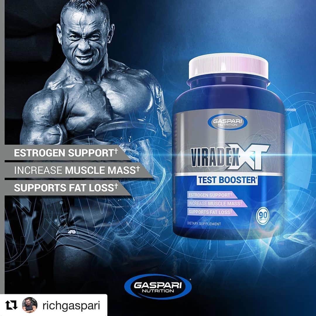 のインスタグラム：「#Repost @richgaspari with @get_repost ・・・ NEW to the #GaspariNutrition product line, #Viradex!!💪 . . . Testosterone is the apex sex hormone in men. It's responsible for lean muscle mass gains and better athletic and sexual performance. Viradex XT employs Gaspari's unparalleled natural test booster blend, as well as estrogen blocking compounds, to help you increase lean muscle mass, shed body fat and minimize estrogenic side effects.  📈💪 Increase muscle mass 📉Lose fat 🛑 Potent estrogen blocker Available on GaspariNutrition.com #Gaspari #Proven #GaspariNutrition #TeamGaspari #Bodybuilding #Fitness #Workout #Exercise #Healthy #Testosterone #TestBooster #Muscle」