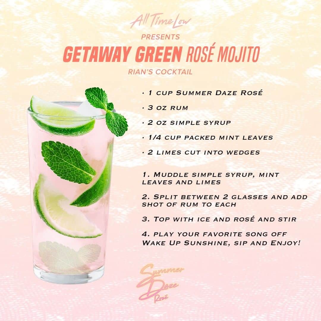 All Time Lowさんのインスタグラム写真 - (All Time LowInstagram)「Mojitos: great for people, bad for pets. Rian’s @summerdazerose Getaway Green Rosé Mojito recipe demo is up on our YouTube 🍹 Everything Is Wine orders are 10% off with code GETITNOW10, please enjoy responsibly.」9月5日 3時04分 - alltimelow