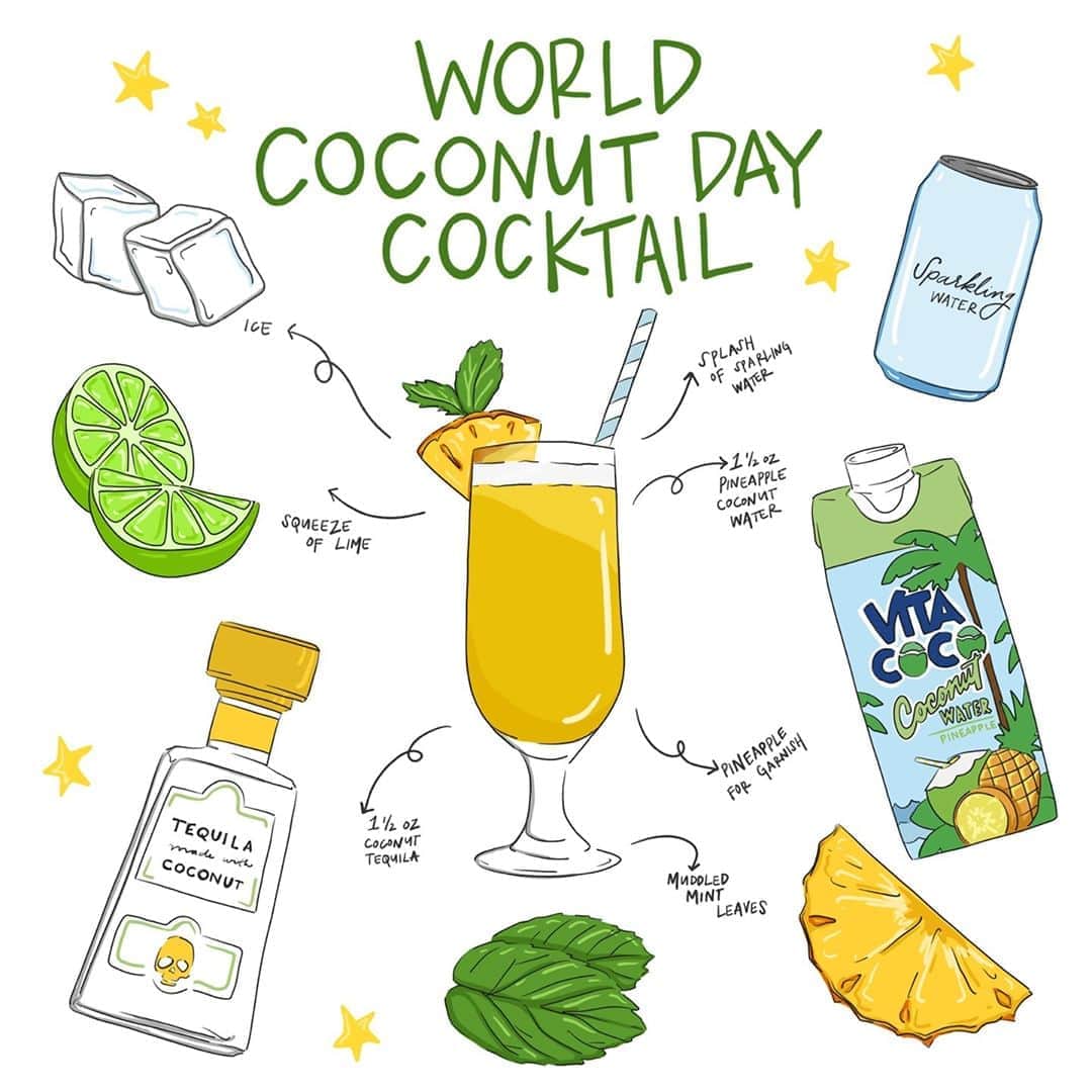 Vita Coco Coconut Waterのインスタグラム：「If things were normal, we'd be celebrating all together with a cocktail in hand. But because we can't all be together, we felt the most appropriate way to wrap up our week long World Coconut Day virtual party, was to bring the cocktails to you. Whoops…we didn’t mean literally. You do have to pick up the ingredients, we tried to do delivery, but there just weren’t enough Postmates for that.  Anyways, cheers everybody!」