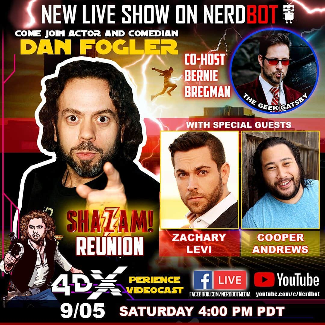 ザッカリー・リーヴァイのインスタグラム：「Tomorrow is about to get reeeaalll nerdy. 🤘🤓🤘Tune in for a little @shazammovie reunion with me and @smugorange. 💃  @Danfogler.4dx  @Foglersfictions  @NerdbotMedia  @NerdbotStudios  @thegeekgatsby」