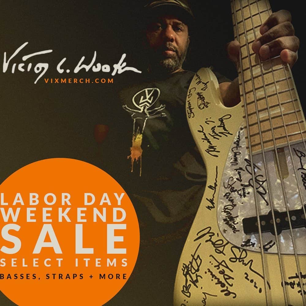 ヴィクター・ウッテンのインスタグラム：「Hey Everyone, We are celebrating Labor Day Weekend with a sale at www.vixmerch.com   Select items on sale now till Midnight on Monday!  VW Limited Edition Leather Straps 15%off  Acoustic Travel Bass 15% off  VW Limited Edition Lithograms more than 20% off  Victor's one of a Kind Signed Bass 25% off  Steve Baileys Carolina CD 20% off」