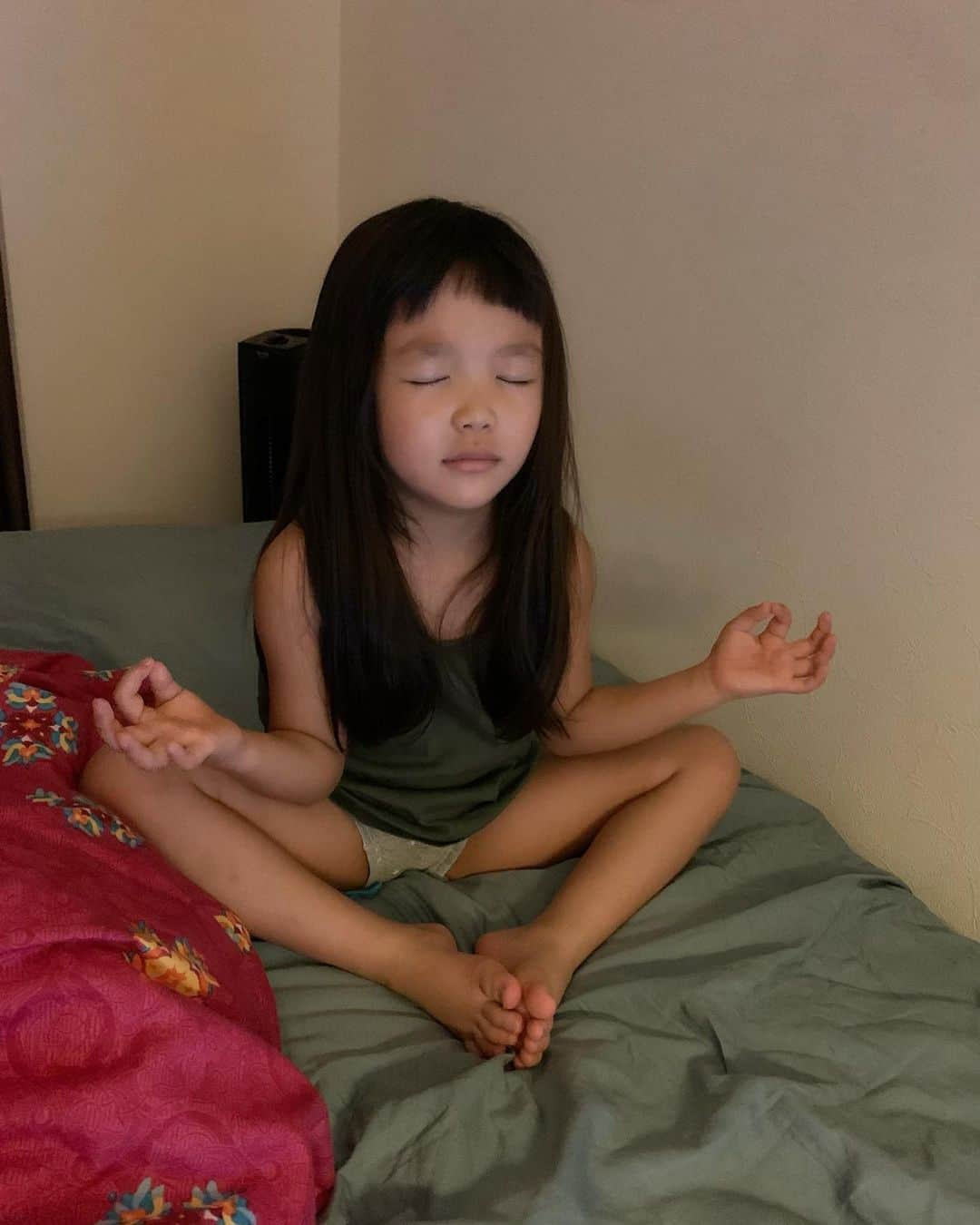 内藤陽子のインスタグラム：「朝起きたら、ニコが隣りで瞑想していた🧘‍♀️ そして　合掌。 どしたどした… #いつから起きてたの　 #どこで覚えたの #瞑想」