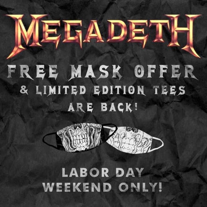 のインスタグラム：「Labor Day weekend special! Free mask offer & limited edition tees are back! usstore.megadeth.com (click the link in our story)」