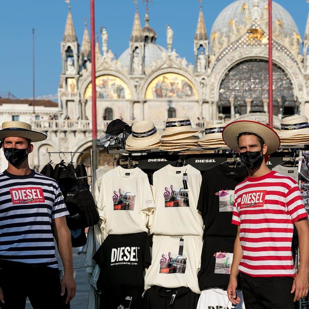 ディーゼルのインスタグラム：「Setting up a traditional “bancarella” vendor stall on the edge of the Piazza San Marco was among the (few) things we hadn’t done yet. Enjoy the #DieselUnforgettableVenice limited-edition capsule collection and discover the selection of masks to support the social initiatives activated by @otbfoundation to help families affected by the pandemic crisis in Italy. #EnjoyRespectVenezia」