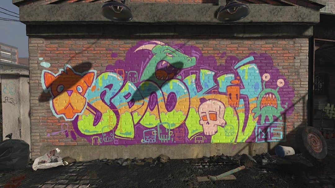 マイク・シノダのインスタグラム：「I made this today on KINGSPRAY ( @infectious_ape ). It was surreal to paint a wall in VR, live on Twitch. Incidentally, I decided to paint “SPOOKY” because it was the nickname my friends gave me when I first started making beats as a kid. My beats were always kinda creepy 😂. CC: @oculus @twitch   Thanks to the fans for suggesting the characters and colors. 🙏🏽」