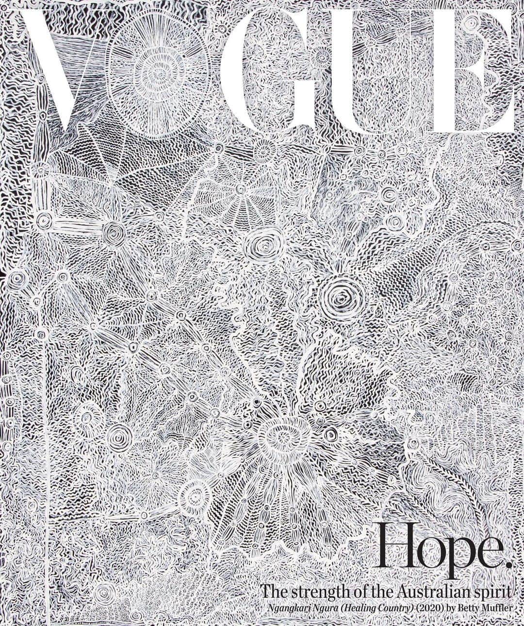 Vogue Australiaさんのインスタグラム写真 - (Vogue AustraliaInstagram)「Vogue Australia’s September 2020 issue is dedicated to the theme of hope and features an artwork by Anangu/Aboriginal Pitjantjatjara woman and spiritual healer #BettyMuffler, the first time an artwork has covered #VogueAustralia in its 60 year history. The piece, titled Ngangkari Ngura (Healing Country) (2020) was commissioned by #Vogue in collaboration with the @NationalGalleryAus, where it is currently on display. Betty Muffler hails from @Iwantja_arts in the remote Indulkana Community in far north-east South Australia, approximately 400 kilometres south of Alice Springs and her artwork forms part of a global initiative between all 26 Vogues internationally, which have united behind this theme of hope. In the bio link, National Gallery Aboriginal and Torres Strait Islander curators, Kelli Cole and Aidan Hartshorn, convey the story of Muffler's extraordinary gift and the collaboration. #VogueHope #IwantjaArts #KnowMyName」9月5日 6時48分 - vogueaustralia