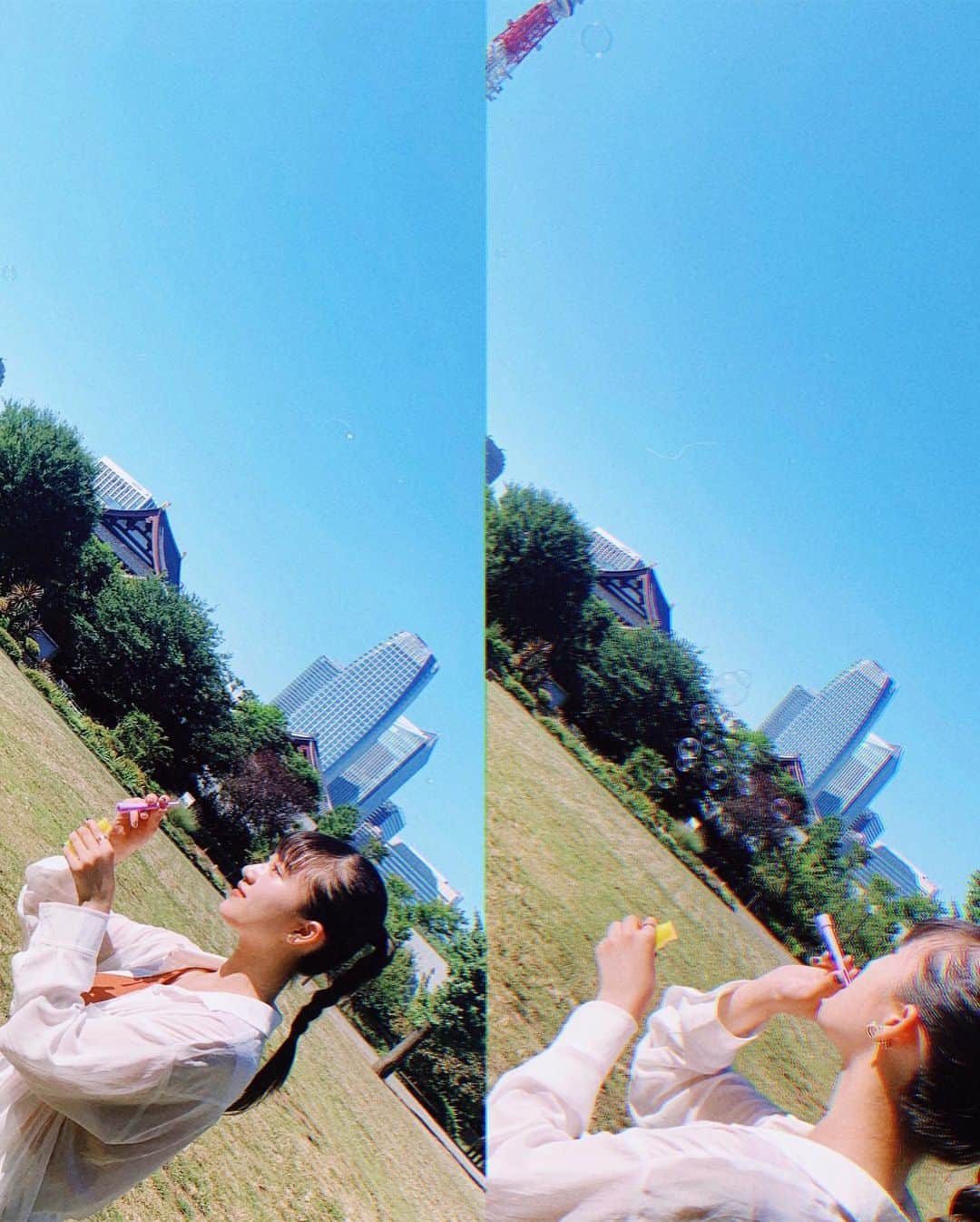 のインスタグラム：「・﻿ ﻿ ﻿ ﻿ 今年の夏といえば﻿ ﻿ あやめと念願のおしゃピクしたよ☘️﻿ ﻿ ﻿ シャボン玉したり﻿ 東京タワーに行ったり﻿ 1日のんびり、たっぷり過ごせて﻿ 楽しかった〜！﻿ ﻿ ﻿ #おしゃピク ﻿ #いい夏の思い出 ﻿ #🥪﻿ ﻿」